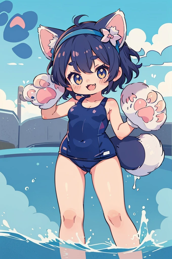flat color,(one girl,japanese,She is posing for the camera,,((cute Paw Glove:1.5)),Cat ears headband,detailed face,BREAK (darkblue wavy-short hair),parallel eyebrows,eyes with large irises,smile,small breasts,,very happy, BREAK, (paw pattern swimsuit),fullbody,at poolside,catwalk,