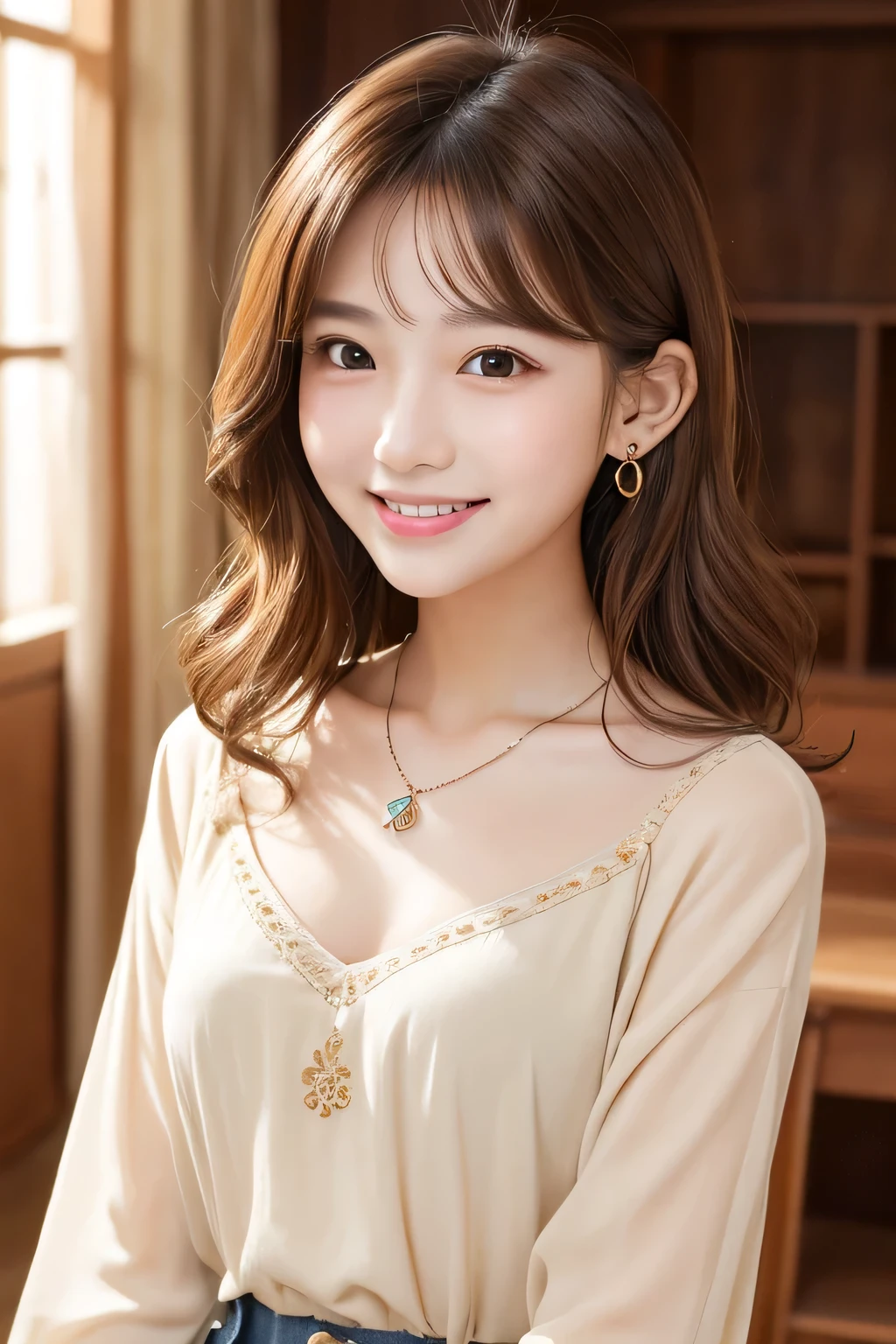 Young woman 、 Korean women、Light brown hair、Wavy Hair、short hair、ear piercing、Necklace around the neck、blouse、smile, Beautiful teeth alignment、Intricate details, Very detailed:1.2), 、 Looking into the camera,The background is in the room