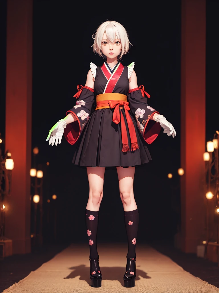 Standing in front of the viewer、vtuber-fullbody、(masterpiece, highest quality, Intricate details, Ultra-detailed, Very detailed), SF, future, cyber punk, One girl, alone, Cowboy Shot, Two-tone hair, Gloves, short hair, Frills, kimono, Hair Flowers, Wide sleeves, kimono, White knee socks, zettai ryouiki, Space print, skirt, Removable sleeves, adjusting