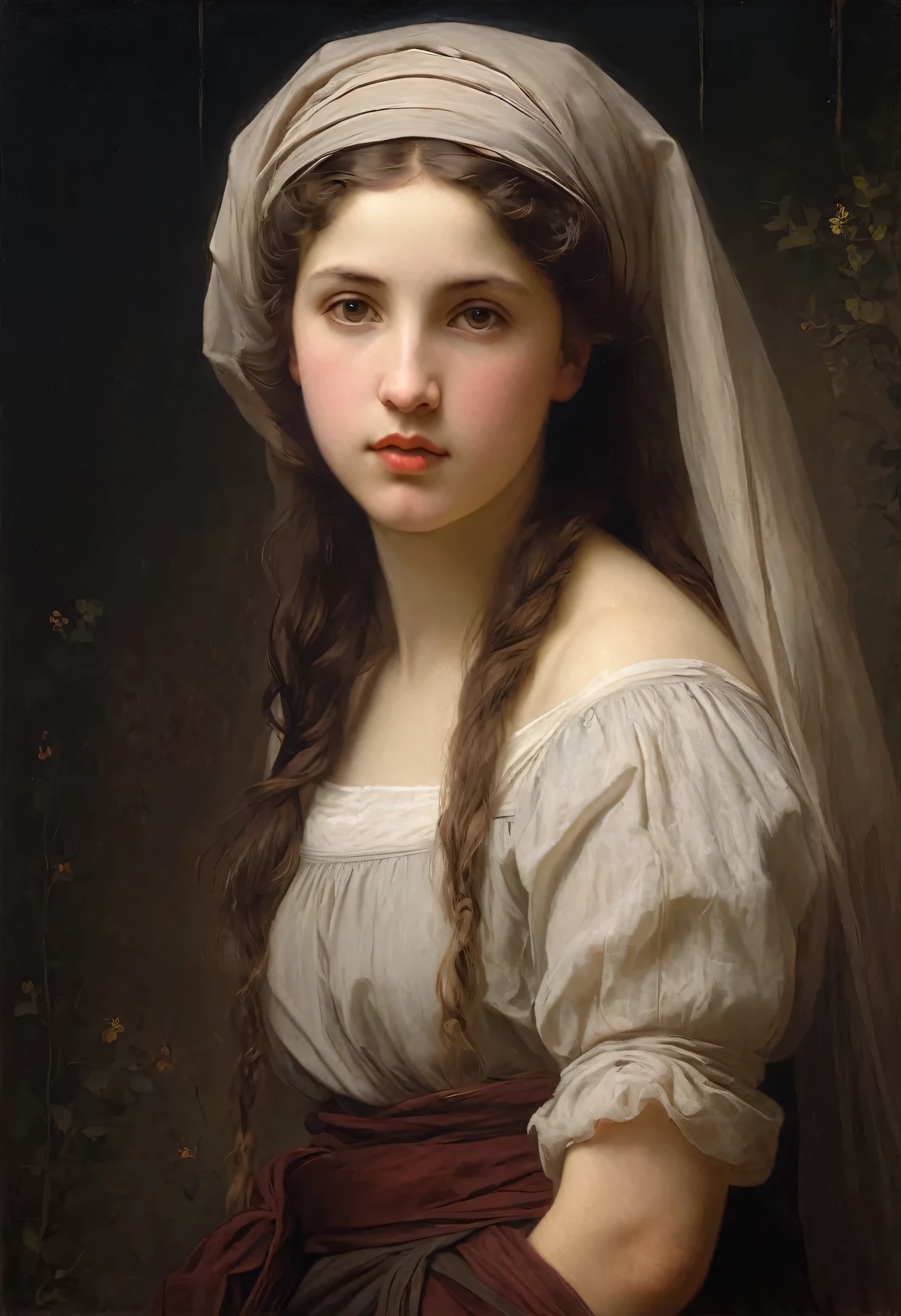 a painting of a woman with a veil on her head, Pudica gesto estilo bouguereau, Artgerm e William Bouguereau, retrato renascentista realista, Retrato muito bonito, em estilo alto renascentista, Pudica pose estilo bouguereau, inspirado em Pierre Auguste Cot, em estilo renascentista, inspirado em William-Adolphe Bouguereau