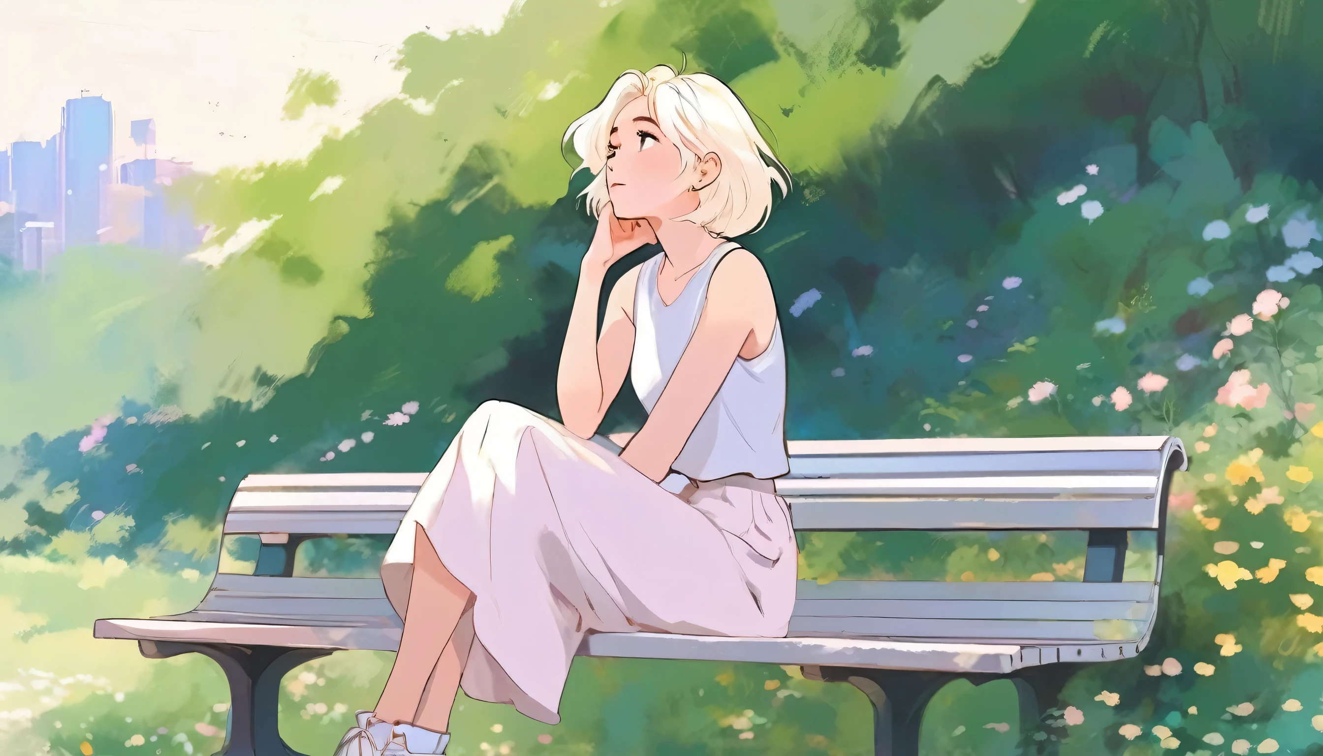 anime girl with platinum blonde hair sitting on a bench with her hand on her face looking to the sky, digital anime illustration, painted in anime painter studio, anime style illustration, made with anime painter studio, in anime style, in an anime style, with short hair, anime style portrait, lofi girl, 🤤 girl portrait, sitting in the garden, anime artstyle, clean detailed anime style