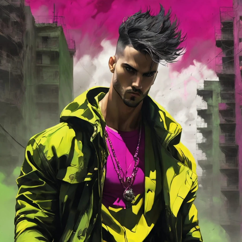 oscuro y desgarrado, 1 hombre joven hermoso cuerpo musculoso, fierce expression, sosteniendo un arma, (colores en su ropa, warm, amarillo, verde, cian,magenta:1.3), standing in a desolate wasteland, dramatic lighting, sombras intensas, textura arenosa, tall contrast, Colores vibrantes, dynamic pose, postura poderosa, fondo rugoso, explosive atmosphere, dystopian theme, elementos surrealistas, digitally painted illustration, High definition resolution, detalles intrincados, dramatic composition, avant-garde and chaotic brushstrokes, Gothic style, emociones intensas, epic scale, raw and gritty feeling, Obras de arte cautivadoras y provocativas..