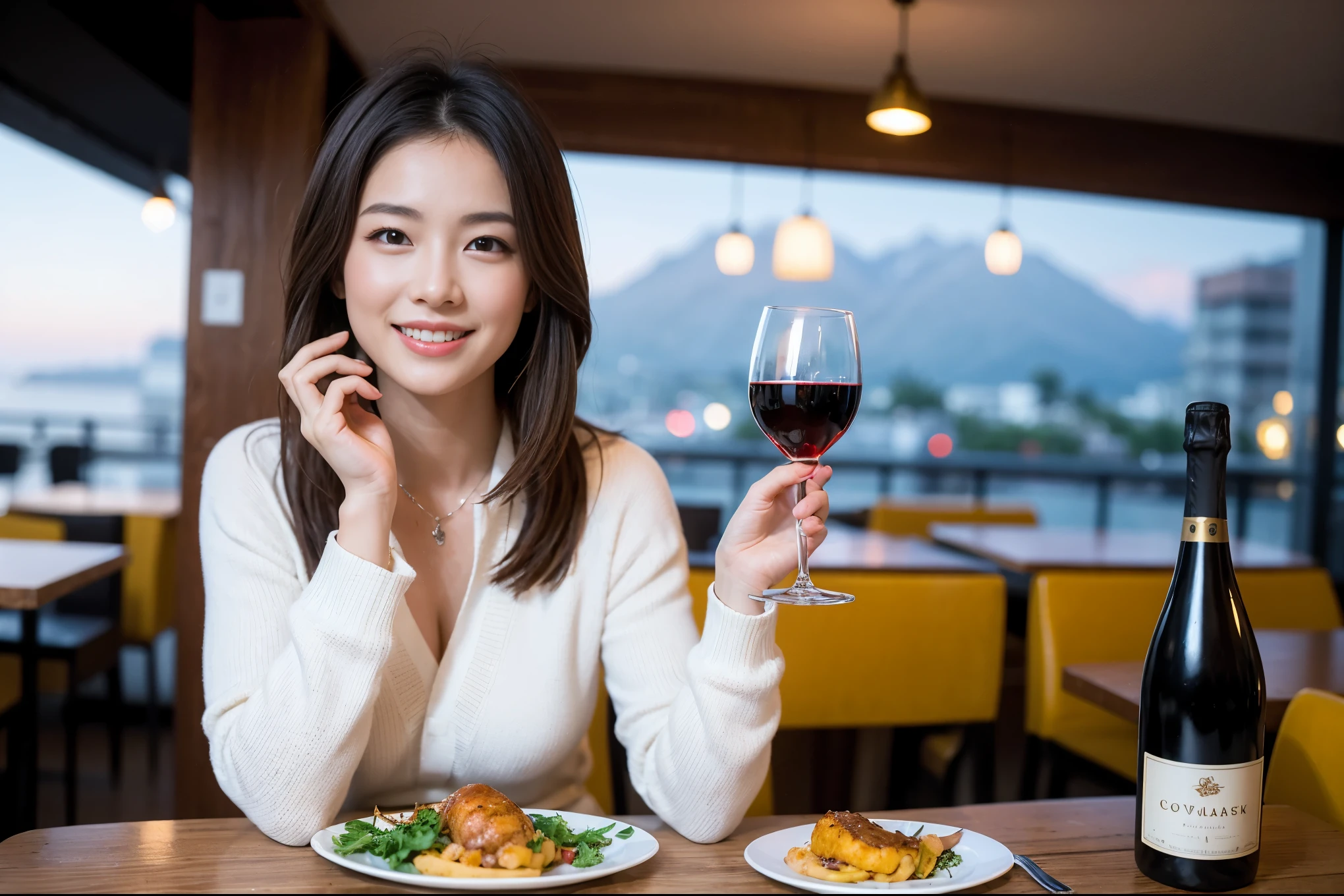 ((highest quality、8k、masterpiece:1.3))、1 male 1 female、lover、really like、Beautiful couple、The body is slim、テーブルの上のwine glass、Lighting the face、full-course dinner、 Amazing view of the sunset sky and clouds、A bright smile、The wonderfulness of smile、Bright image、Beautiful Face, short hair,Bright Face、 (Age 43), 39 years old, red wine 、Appetizers、Italian food、Wine bottle、Champagne、sparkling wine、Two beauties、Brown Hair、Shortcuts、Long sleeve shirt、dress、Pretty Woman 1, (slimな顔), (The body is slim), (Brown Hair), (Shortcuts), cheeks turn a little red,Attractive beauty、restaurant, In a prominent place (From the waist up) Nova Frog Style, actress, model, Upper Body, White wine, slim, wine glass, 中央に置かれたwine glass, smile, (smile: 1.15), Beautiful fine grain, Depth f/2,saturation, High Contrast, Strong light and shadow,Moist Body:1.5、3D texture、Delicate eyes、Brown Hair、The hair is very shiny、