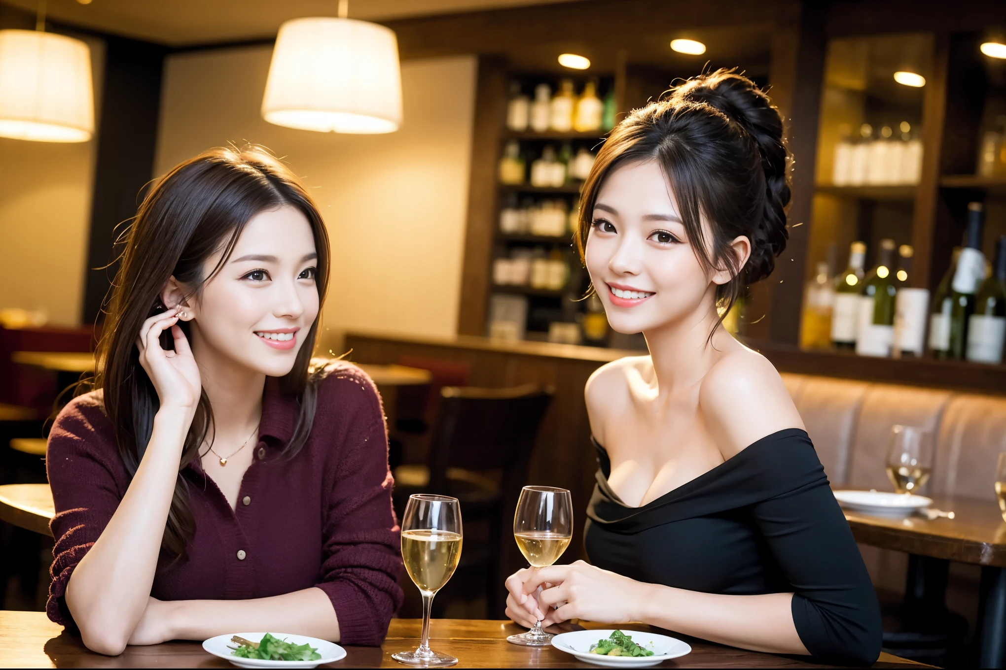 ((highest quality、8k、masterpiece:1.3))、1 male 1 female、lover、really like、Beautiful couple、The body is slim、テーブルの上のwine glass、Lighting the face、full-course dinner、 Amazing view of the sunset sky and clouds、A bright smile、The wonderfulness of smile、Bright image、Beautiful Face, short hair,Bright Face、 (Age 43), 39 years old, red wine 、Appetizers、Italian food、Wine bottle、Champagne、sparkling wine、Two beauties、Brown Hair、Shortcuts、Long sleeve shirt、dress、Pretty Woman 1, (slimな顔), (The body is slim), (Brown Hair), (Shortcuts), cheeks turn a little red,Attractive beauty、restaurant, In a prominent place (From the waist up) Nova Frog Style, actress, model, Upper Body, White wine, slim, wine glass, 中央に置かれたwine glass, smile, (smile: 1.15), Beautiful fine grain, Depth f/2,saturation, High Contrast, Strong light and shadow,Moist Body:1.5、3D texture、Delicate eyes、Brown Hair、The hair is very shiny、