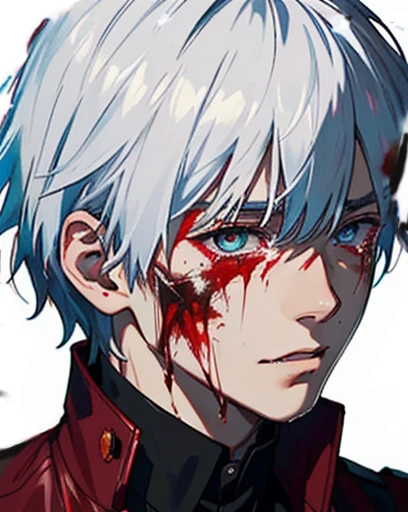 a close up of a man boy person with a bloody face and and white hair, his eyes are bleeding intense, kaneki ken, ken kaneki, bloody face, clean brutal blooded face, [[blood]], bloody tears, crying tears of blood, gapmoe yandere grimdark, ghoul, blood splatter on the sides, bloody, bloody scene