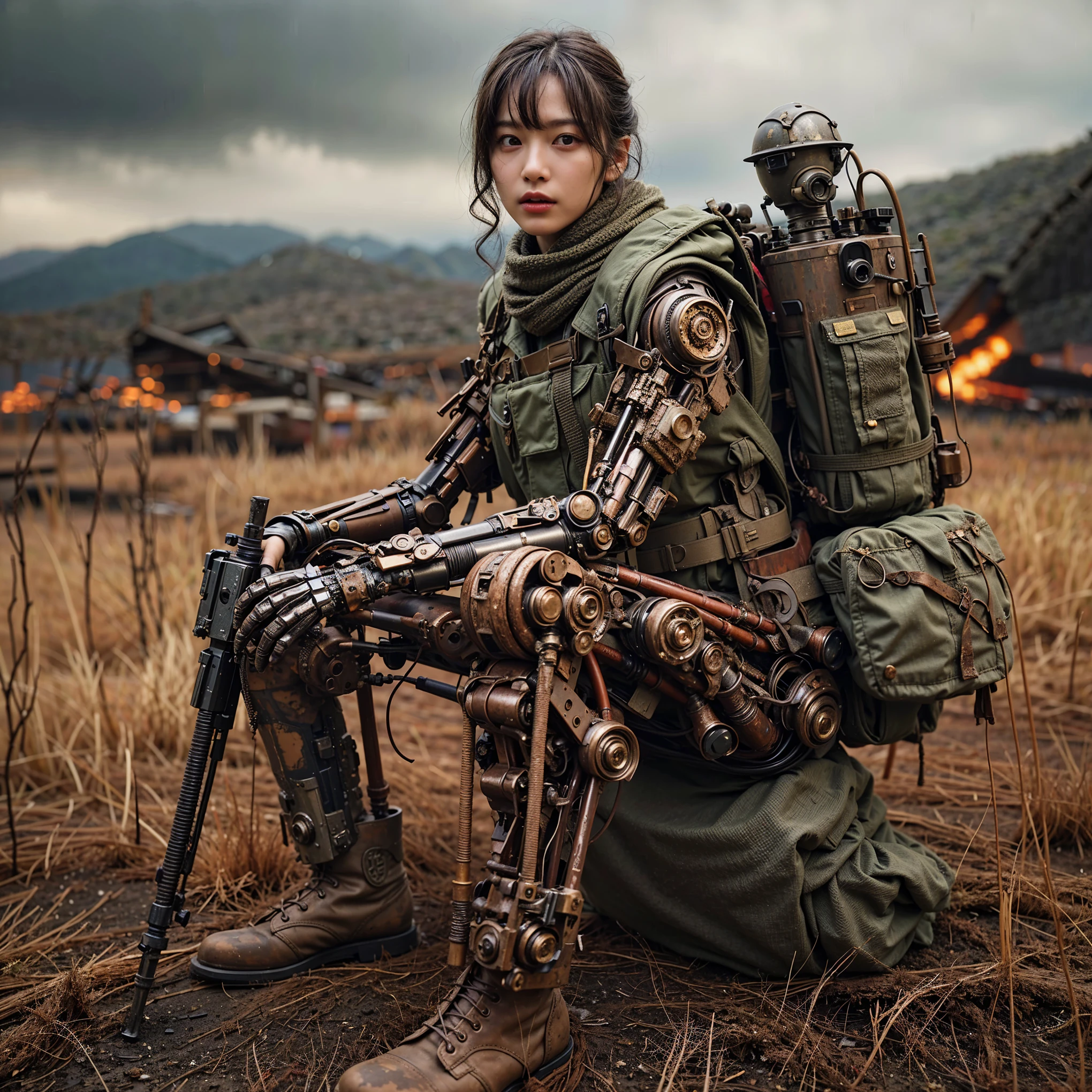 ((super intricate all details)),((super realistic all textures)),Overall photo of a female soldier sitting on a piece of fictional WWII Japanese military type weapon, beautiful face, dirty clothes, very intricate details, olive drab paint, peeling paint, weathering, rust, taken with Fuji film X-T30+Nokton. HDR10