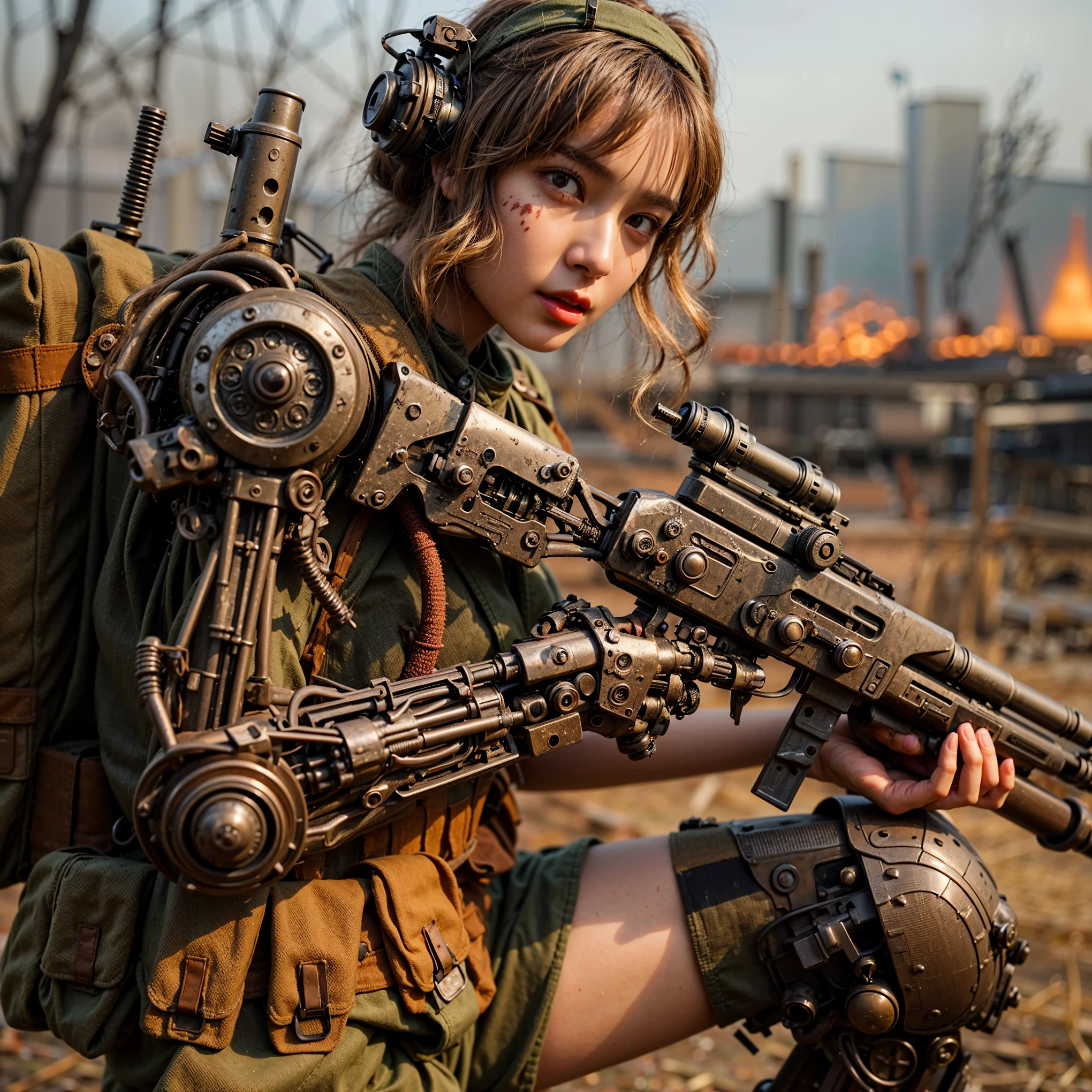 8K, Real Photo, Realistic Skin Texture, Super Realism, (WWII Era), (Mechanical Suit), Steampunk, Beautiful Forest Through Trees, Heavy Weapons, Vivid Textures, Beautiful Hair, Japanese Female Soldier, (Super Beautiful Face), Legs, ((Super Realistic All Textures)), ((Superall intricate details))), full body shot, super clear photo results, olive drab color, scratches, rust, weathering, sweat, action poses in motion, shot with Fujifilm X-T30 + Nokton. HDR10, minimum 4 images created.