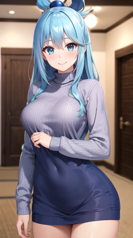 masterpiece, best quality, highres, aaaqua, long hair, blue hair, hair rings, hair ornament, smile, sweater dress, long sleeves, turtleneck, indoors, cowboy shot,