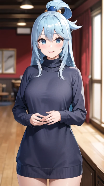masterpiece, best quality, highres, aaaqua, long hair, blue hair, hair rings, hair ornament, smile, sweater dress, long sleeves, turtleneck, indoors, cowboy shot,
