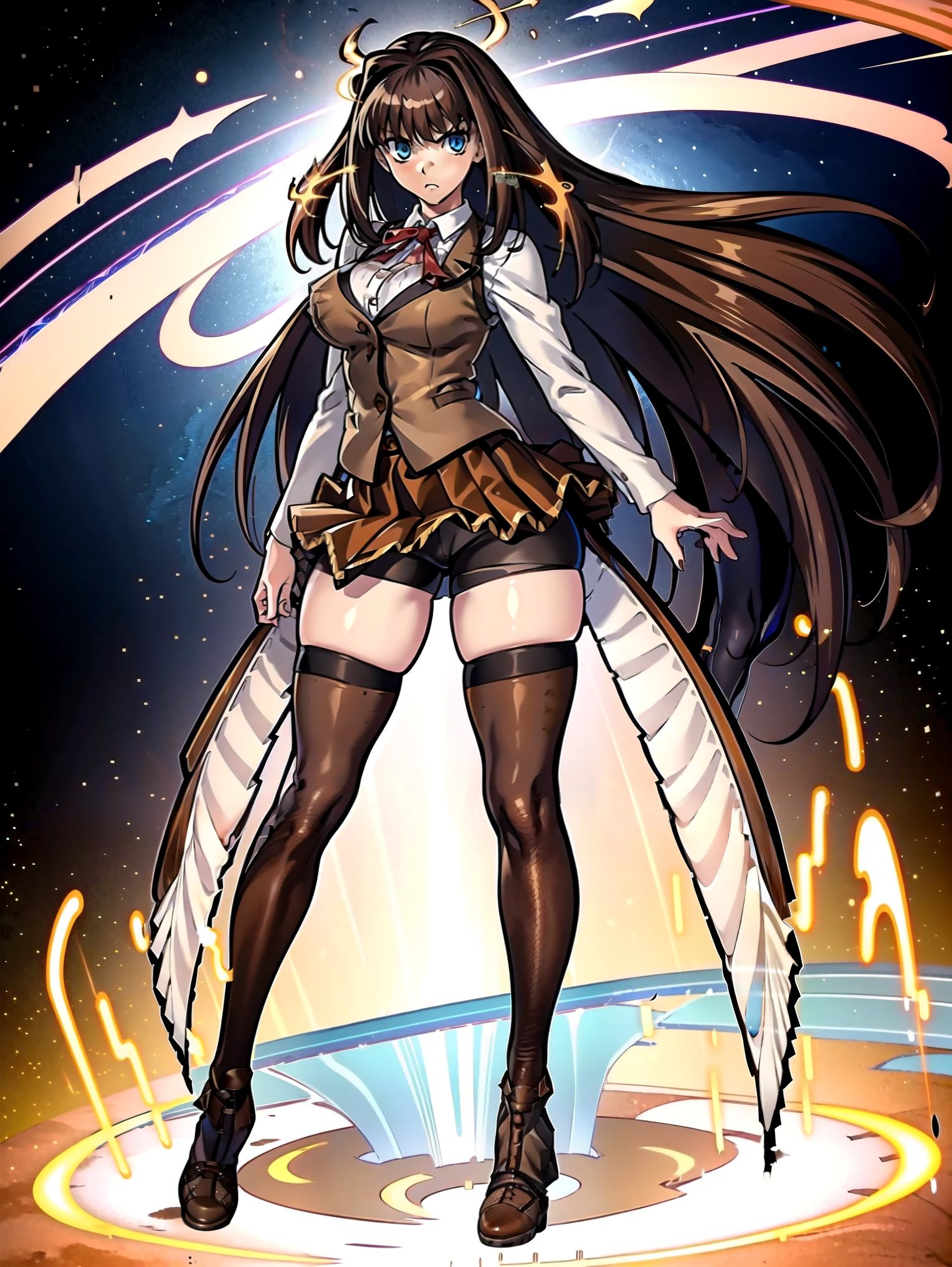 BREAK, centered, BREAK, (EMPTY BACKGROUND), BREAK, (masterpiece), best quality, highest resolution, 8k, illustration, (beautiful detailed eyes:1.5), perfectface, extremely detailed body, CG, perfect hands, perfect anatomy, ((1girl)), ((solo)), (((bbaoko))), ((2 legs max)), ((2 feet max:1.5)), ((swirling vortex shaped longest brown hair:1.5)), (brown longest hair with slightly reddish undertone:1.6), (lush luscious longest brown hair:1.6), (very long voluminous longest brown hair:1.5), serious, blue eyes, red bowtie, (Form-fitting beige blazer:1.5), brown jacket, (highly detailed beautiful face:1.2), ((Flowing skirt), Wind, (white shirt:1), (well shaped large breasts:1.6), (nice hips:1), pretty legs, ((thigh-high black stockings:1.6)), (((flowing Umber pleated skirt:1.6))), (((large bike-shorts:1.6))), (toned visible skin thighs:1.6), (strap shoes brown color), (facing front:1.5), ((standing straight:1.5)), ((Fullbody in frame:1.5)), ((Full body:1.5)), (takeuchi takashi:1.3)
