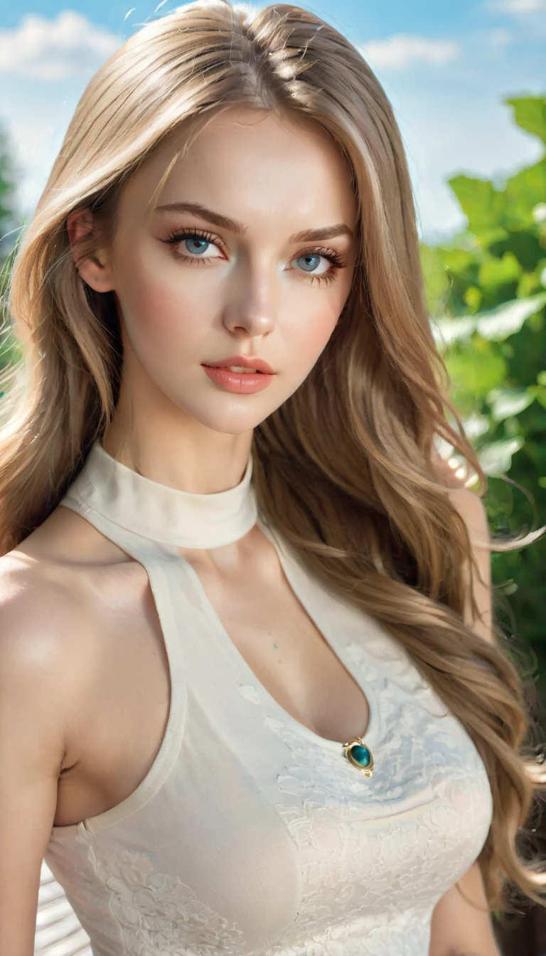 beautiful young russian woman, Dasha Taran、8k, Perfect physique,Perfect proportions,detailed face, high quality, photorealistic, stunning eyes, long eyelashes, attractive facial features, flawless skin, light brown hair, tight waist,  stylish clothes, necklace, active posing, rough long hairstyle, vivid colors, masterpiece, best quality、