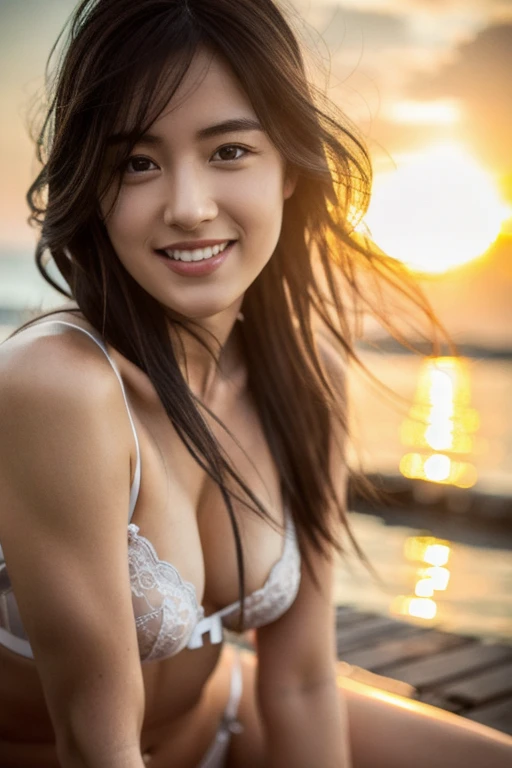 pieck finger, ((masterpiece)), best quality, (photorealistic:1.3), beautiful lighting, smug smile, 1girl, long hair, highly detailed skin, Sunset Beach、 Lingerie、Sitting flat