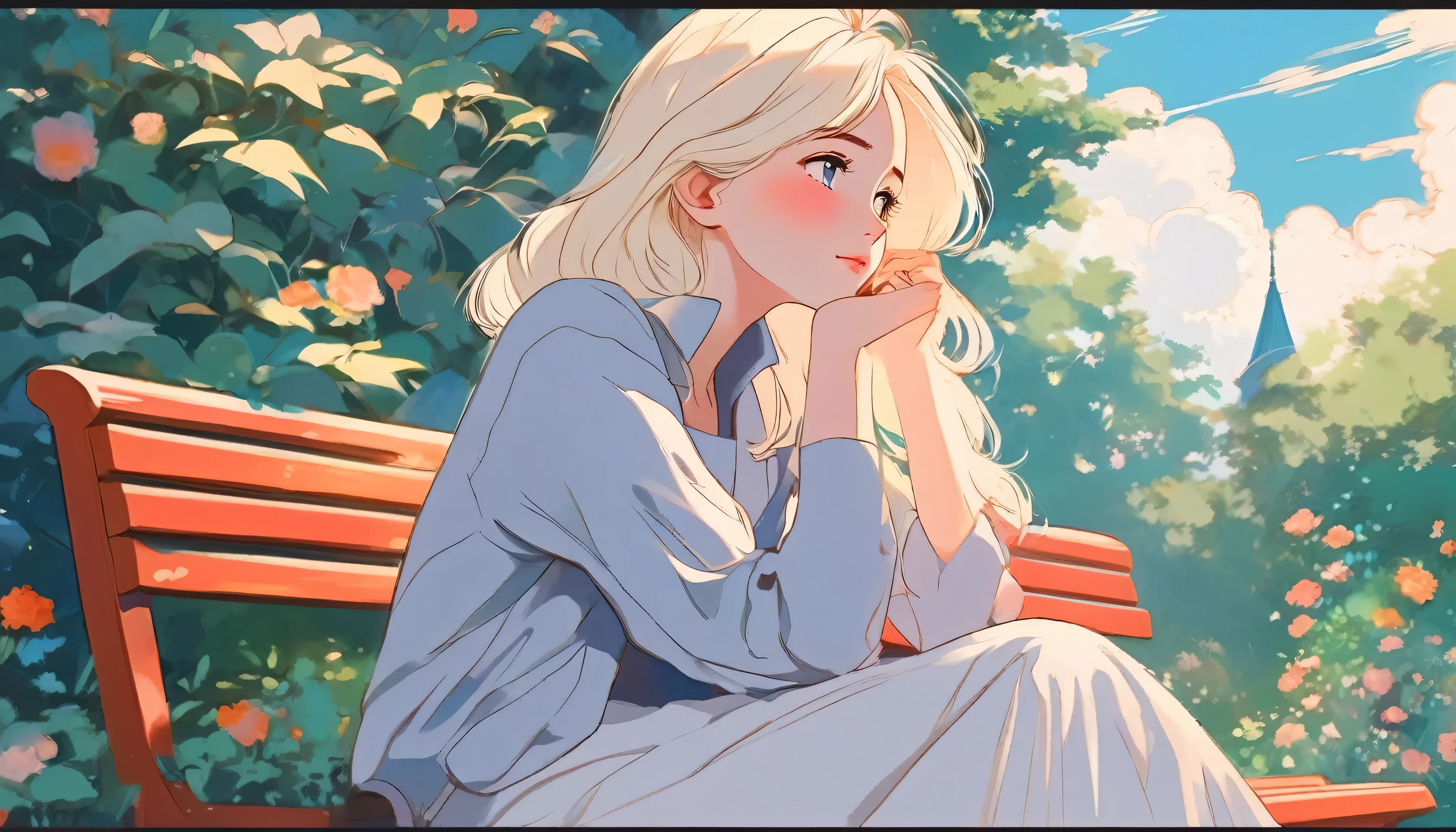 anime girl with platinum blonde hair sitting on a bench with her hand on her face looking to the sky, digital anime illustration, painted in anime painter studio, anime style illustration, made with anime painter studio, in anime style, in an anime style, with short hair, anime style portrait, lofi girl, 🤤 girl portrait, sitting in the garden, anime artstyle, clean detailed anime style