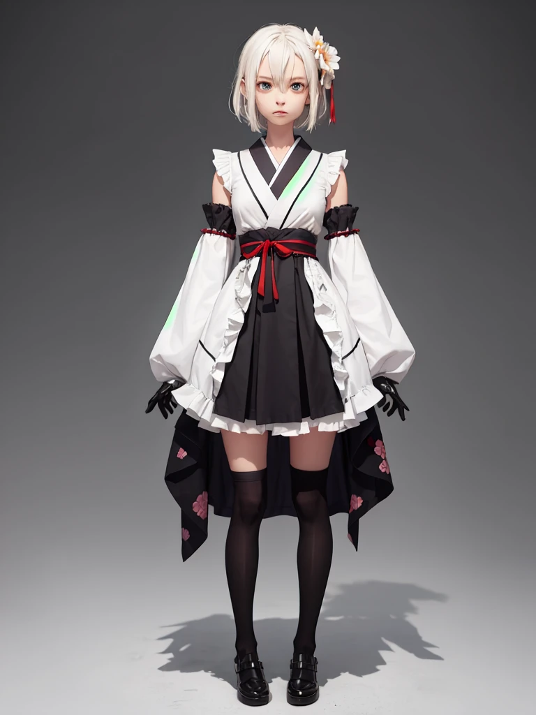 Standing in front of the viewer、vtuber-fullbody、(masterpiece, highest quality, Intricate details, Ultra-detailed, Very detailed), SF, future, cyber punk, One girl, alone, Cowboy Shot, Two-tone hair, Gloves, short hair, Frills, kimono, Hair Flowers, Long Wide Sleeve, kimono, White knee socks, zettai ryouiki, Space print, skirt, Removable sleeves, adjusting 、White simple background、