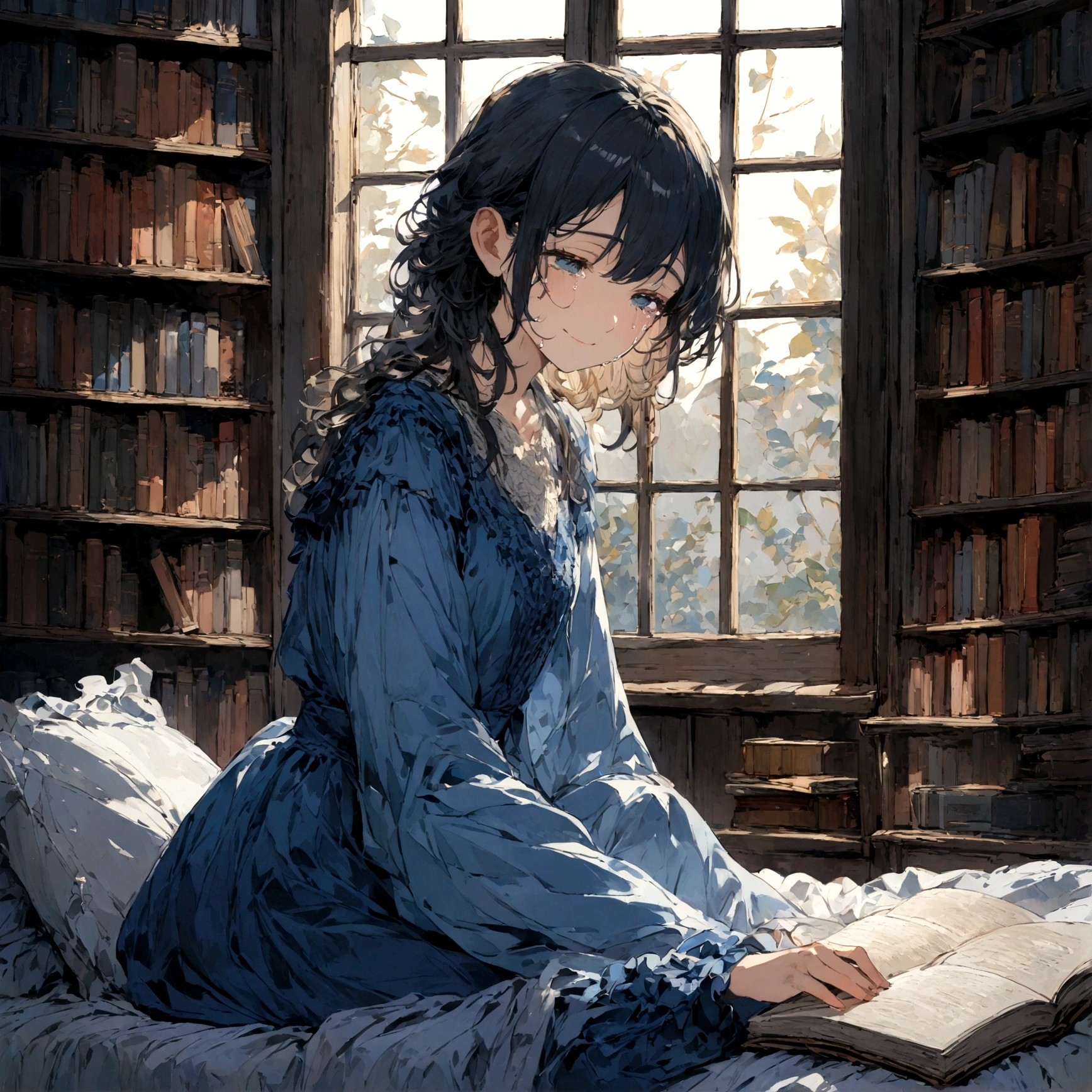 a sad female wearing a blue dress, silently crying on her bed though accepting it, in front of a moonlit window surrounded by books, has a smile on her face