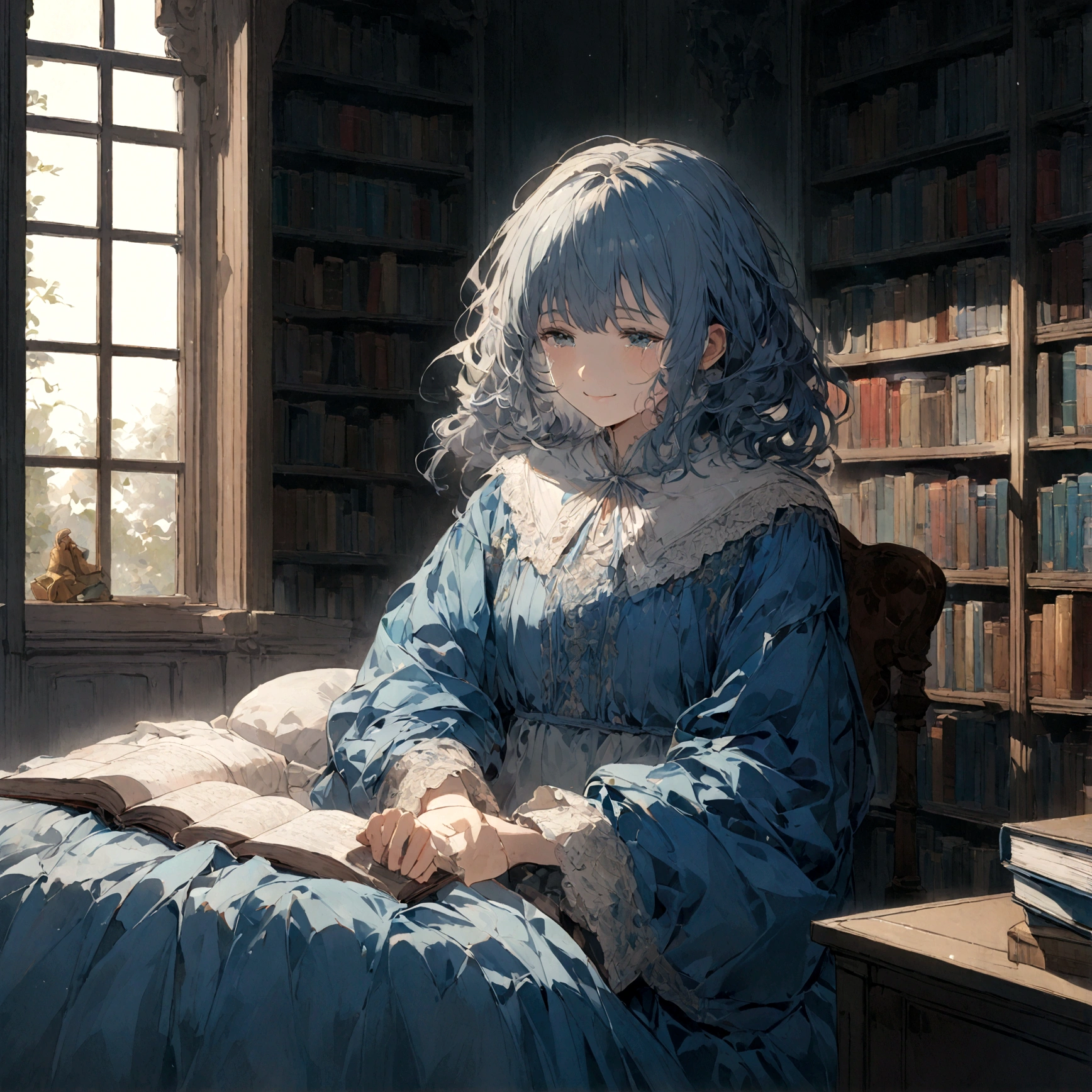a sad female wearing a blue dress, silently crying on her bed though accepting it, in front of a moonlit window surrounded by books, has a smile on her face
