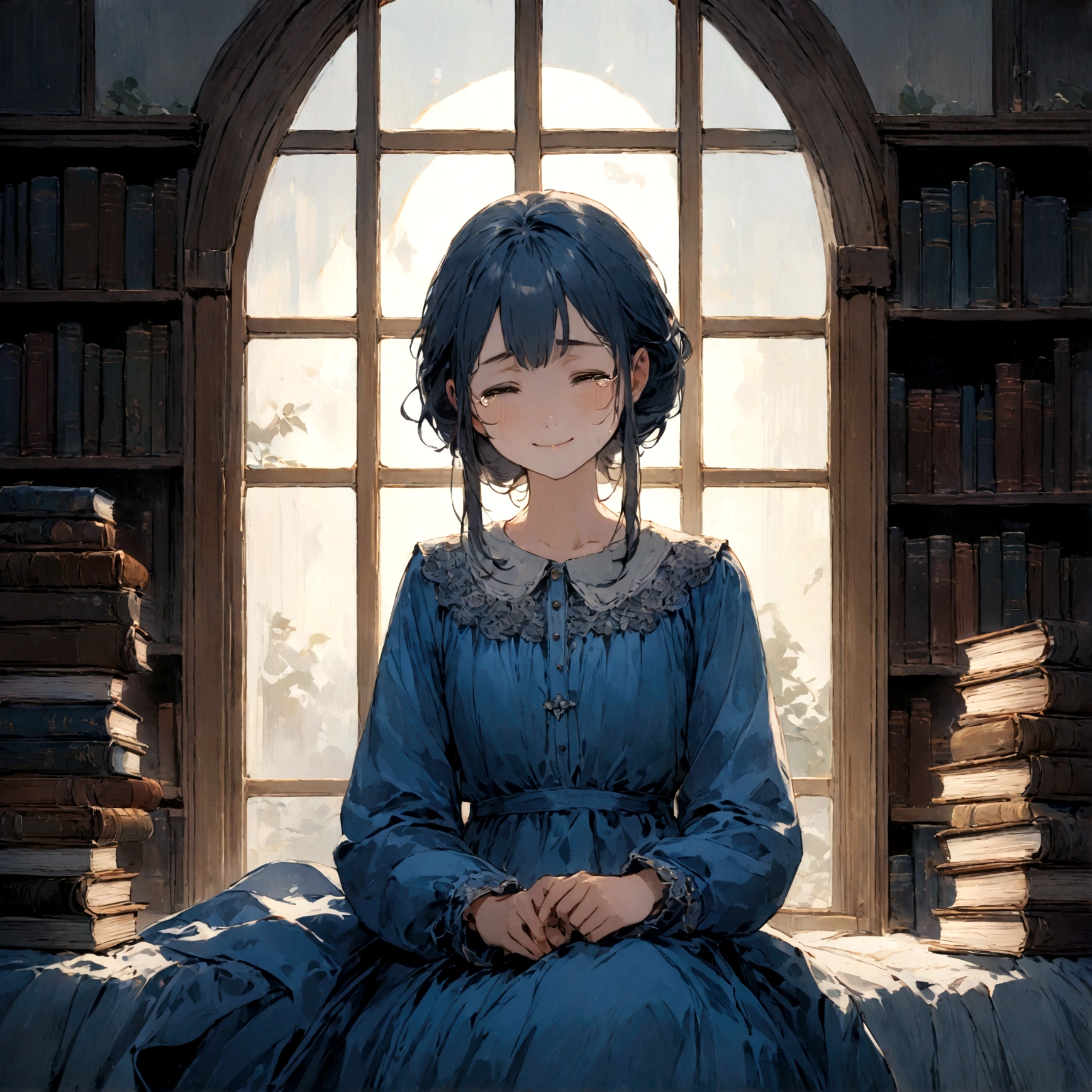 a sad female wearing a blue dress, silently crying on her bed though accepting it, in front of a moonlit window surrounded by books, has a smile on her face