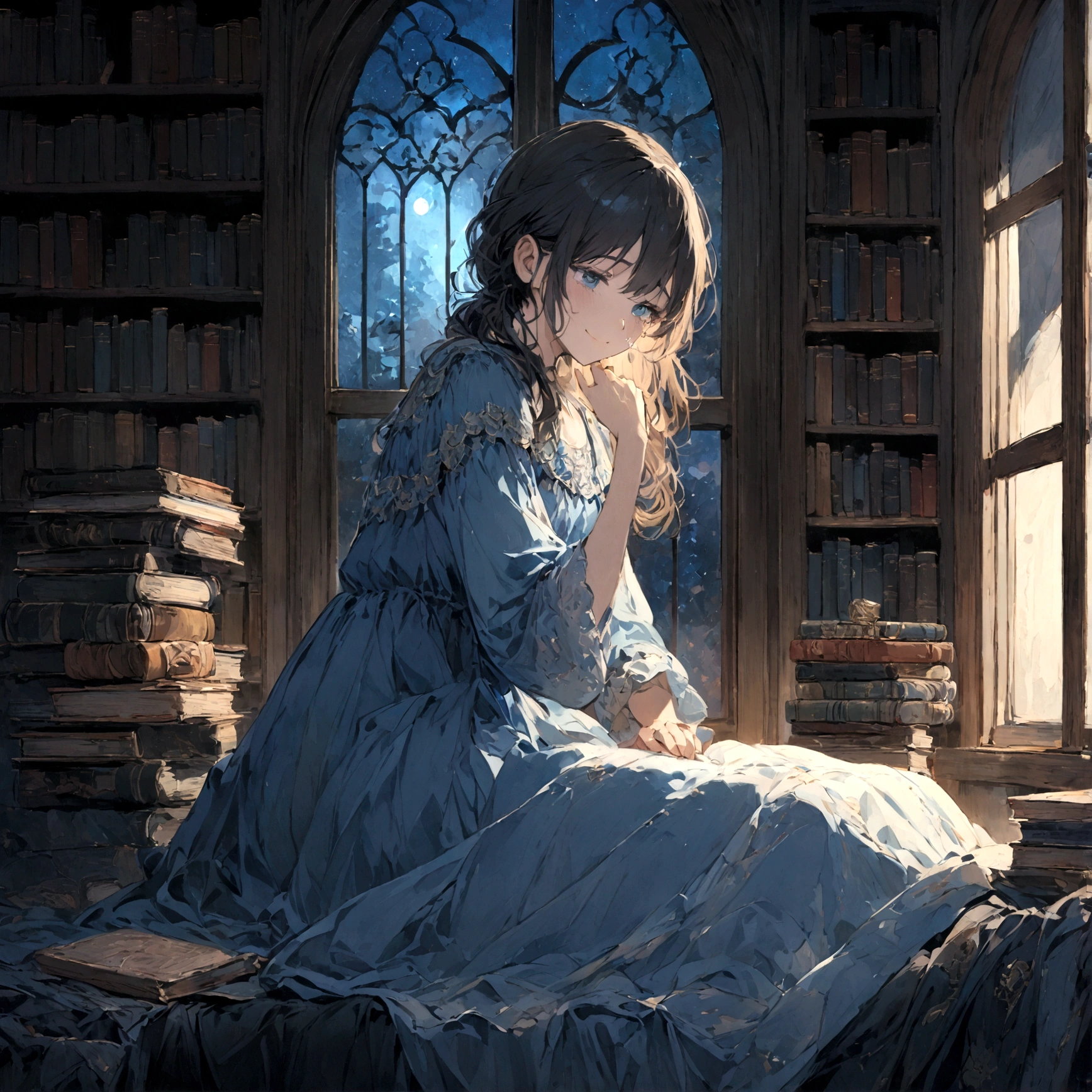 a sad female wearing a blue dress, silently crying on her bed though accepting it, in front of a moonlit window surrounded by books, has a smile on her face