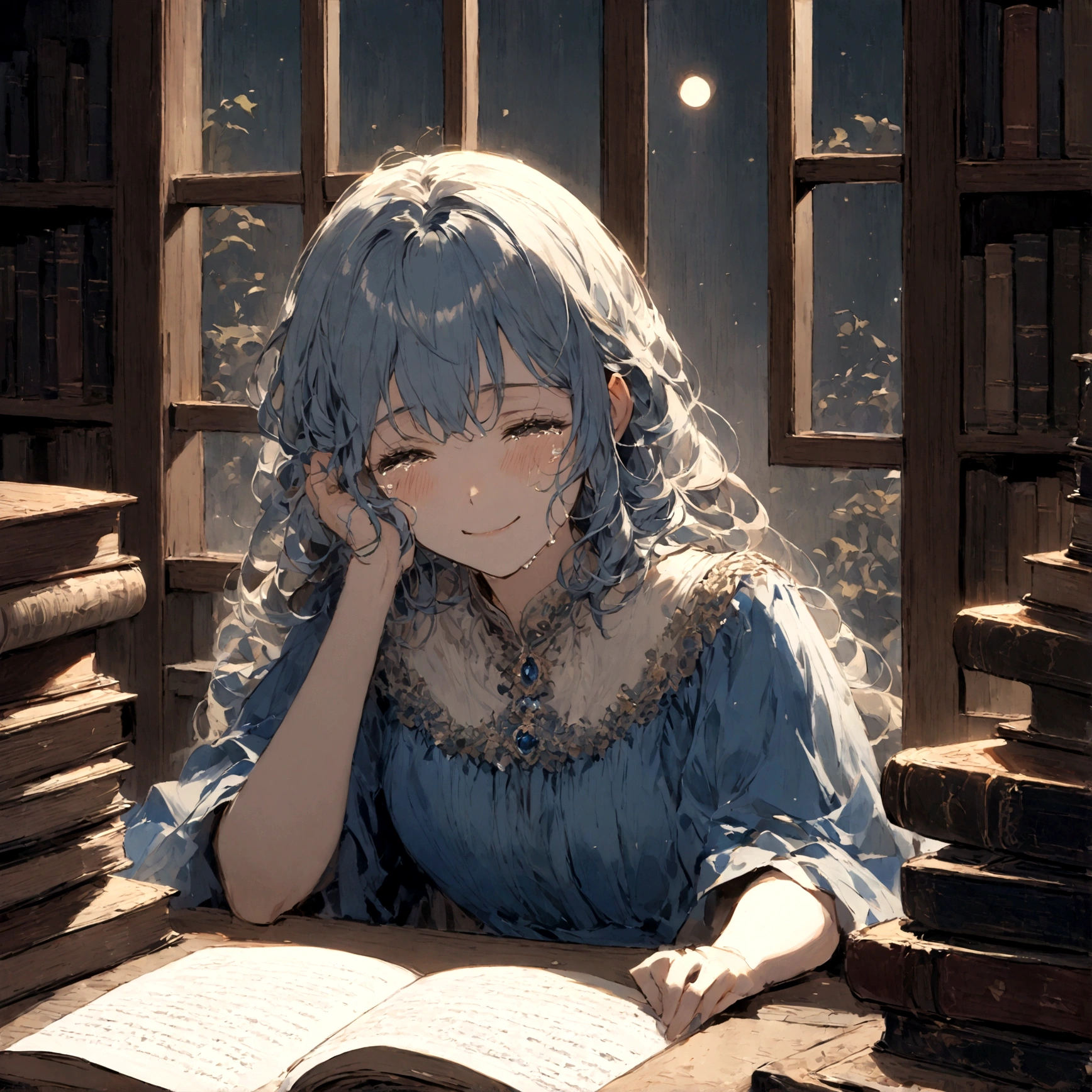 a sad female wearing a blue dress, silently crying on her bed though accepting it, in front of a moonlit window surrounded by books, has a smile on her face