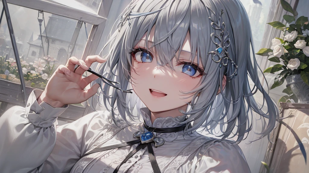 Her eyes were shining、Mysterious and enchanting atmosphere。With AI Painting、とてもShort Hair, Long bangs between the eyes, Grey Eyes , Very detailed,(masterpiece、highest quality)、alone、Gray Hair、Fantasy, Silver Hair, Beautiful Eyes,Ecstasy, charm, attract the audience, Fantasyな風景、White shirt、smile、Open your mouth、Scarf、short hair、Short Hair、hairpin、Dark Eyes