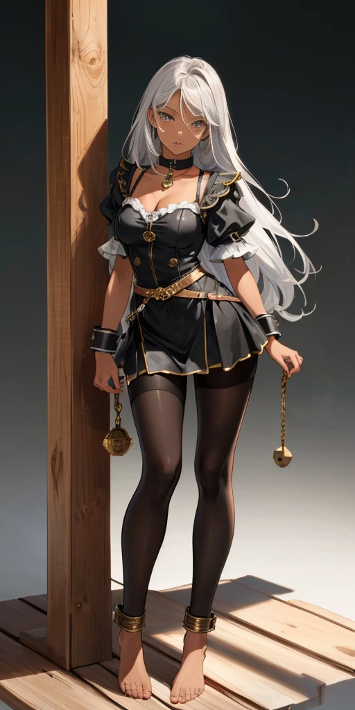 (Masterpiece, best quality, intricate details, 1sologirl) iron collar, arms behind back, iron cuffs, shackles, leather collar choker neck bell, bound ((standing by wooden pole:1.2)) ((female Black Dark skin Gyaru)) show entire body frontal position, feet in view, realistic, gorgeous 16y.o. darkest skinned mixed race female, black African, transparent black pantyhose, legs open, museum,barefoot no shoes, looking to viewer straight symmetrical, white silver long hair