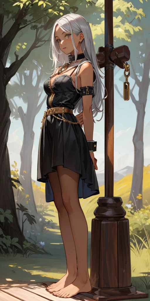 (Masterpiece, best quality, intricate details, 1sologirl) iron collar, arms behind back, iron cuffs, shackles, leather collar choker neck bell, bound ((standing by wooden pole:1.2)) ((female Black Dark skin Gyaru)) show entire body frontal position, feet in view, realistic, gorgeous 16y.o. darkest skinned mixed race female, black African, transparent black pantyhose, legs open, museum,barefoot no shoes, looking to viewer straight symmetrical, white silver long hair
