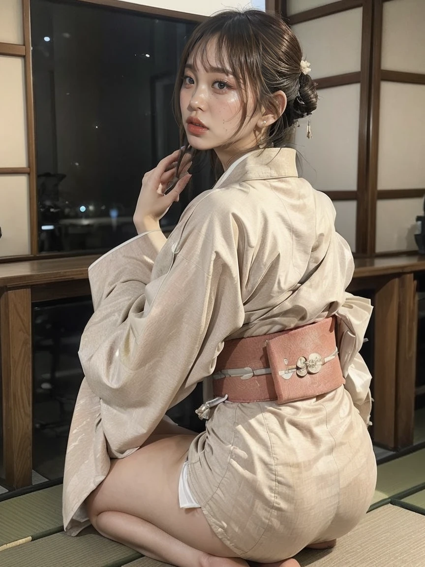 (((Wear a light-colored kimono:1.8)), ((Cleavage,I can see my belly button,Smaller breasts:1.5)), ((Head to Knee:1.5)),Big and beautiful buttocks, from the back, ((Lace underwear with attention to detail)), ((Turning her butt to the camera:1.5)), ((Showing off your ass)), Waistline, ((Squat)),((Slender body:1.2)),Bun Hair,Detailed face, Beautiful Eyes, Detailed lips, high quality, 8k, Realistic, masterpiece, Very detailed, complicated, elegant, Sensual, erotic, Cinema Lighting