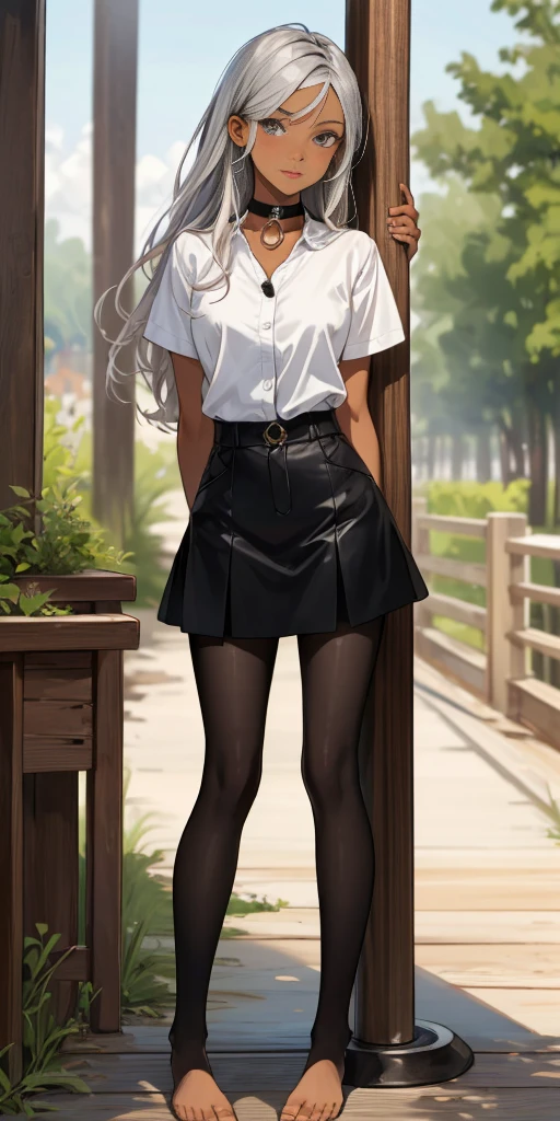 (Masterpiece, best quality, intricate details, 1sologirl) iron collar, arms behind back, iron cuffs, shackles, leather collar choker neck bell, bound ((standing by wooden pole:1.2)) ((female Black Dark skin Gyaru)) show entire body frontal position, feet in view, realistic, gorgeous 16y.o. darkest skinned mixed race female, black African, transparent black pantyhose, legs open, museum,barefoot no shoes, looking to viewer straight symmetrical, white silver long hair