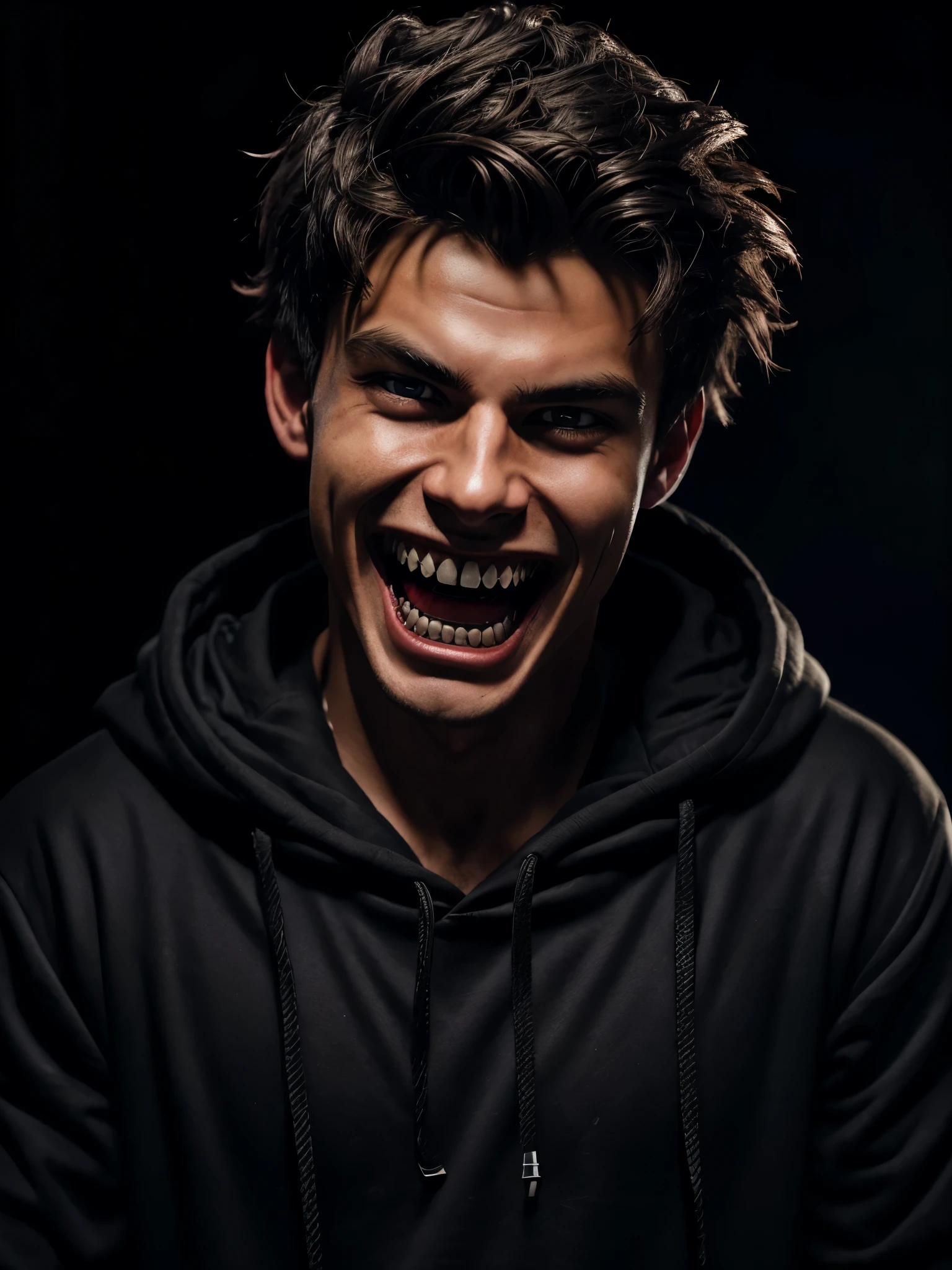 a 16 year old handsome boy,laughing maniacally,devilish grin,intense demon-like expression,sharp teeth bared,eyes glowing red,styled messy hair,wearing a black hoodie,dark background,dramatic lighting,chiaroscuro,cinematic,ultra-detailed,octane render,3d render,8k,photorealistic