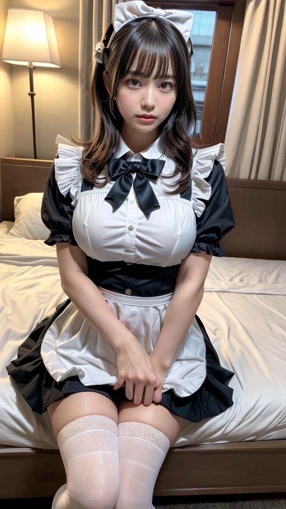 masterpiece, best quality, illustration, Super detailed, fine details, High resolution, 8K,wall paper, perfect dynamic composition,(Details High quality, realistic depiction of eyes:1.3), short hair, (wavy hair:1.2), SFW, huge breasts, hotel room, (bow ribbon, Maid, knee high socks:1.3), Aside Cutter Shirt, frill skirt, Large breasts, Don't expose it, ponytail, black hair color, Big Natural Color Lip, perfect body shape, bold sexy pose, crying a little、Harajuku style、20 year old girl、cute type、lolita、beautiful legs, full body photo、focus on crotch, hposing Gravure Idol