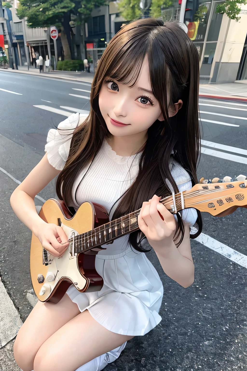 Fine details, High resolution, high quality、Perfect dynamic composition, Beautiful detailed eyes, Medium Hair, Small breasts、Natural color lip,Looking up、Shibuya-kei、20 year old girl、1 person、Clear skin、Shiny Hair、A sloppy smile、Mastepiece, Best Quality, Illustration, Super detailed, Fine details, High resolution, 8K、The correct state of the human body、squat、Gravure model pose，Hair flying in the wind、((I have an electric guitar))、（Wearing a dress）、（Full Body Shot）（Random Pause）