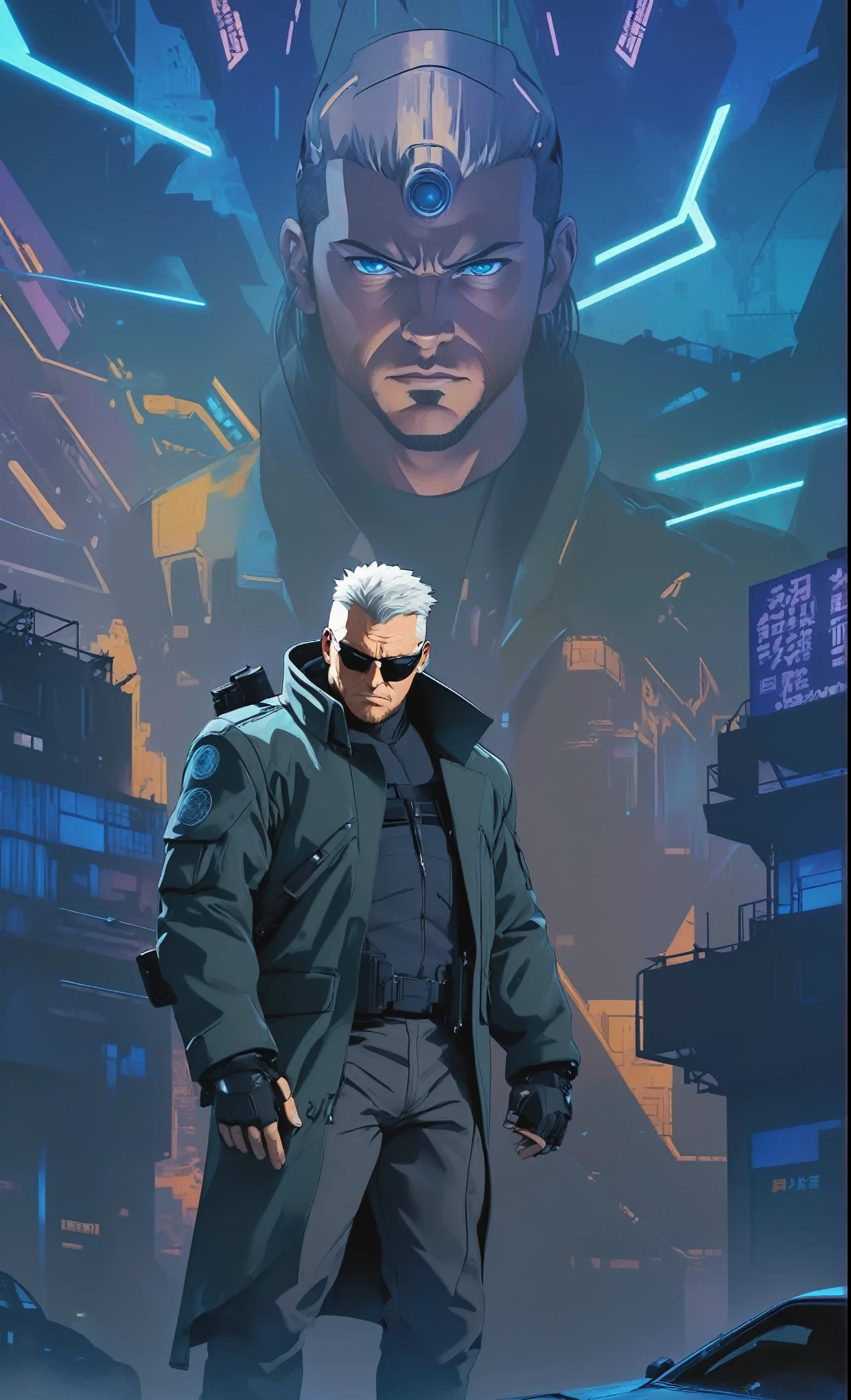 Ghost in the Shell Vol.2 - Batou, by Luis Duarte, Luis Duarte style, blue and black shading, Neo-Tokyo style, Element Air, Mythpunk, Graphic Interface, Sci-Fic Art, Dark Influence, NijiExpress 3D v3, Kinetic Art, Datanoshing, Oilpainting, Ink v3, Splash style, Abstract Art, Abstract Tech, Cyber Tech Elements, Futuristic, Illustrated v3, Deco Influence, AirBrush style, drawing