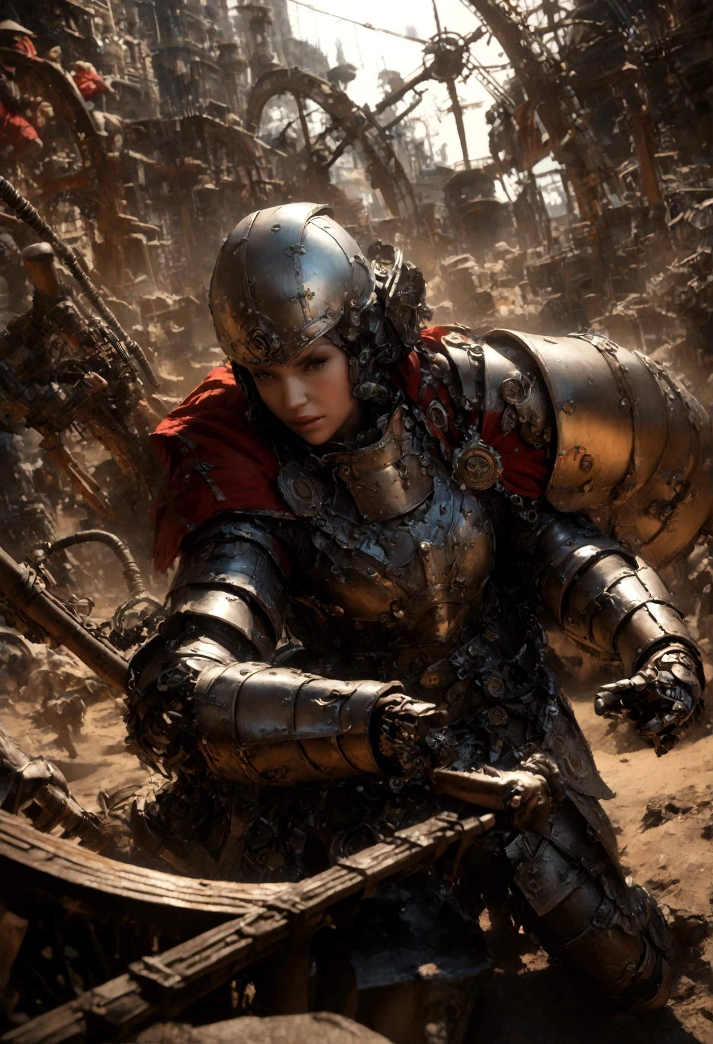 detailed portrait of a beautiful girl in a mechanical circus, steampunk style, white silver metallic armor, fighting pose, intricate clockwork gears, complex machinery, dramatic lighting, cinematic composition, vivid colors, highly detailed, (best quality,4k,8k,highres,masterpiece:1.2),ultra-detailed,(realistic,photorealistic,photo-realistic:1.37),steampunk,mechanical,clockwork,circus,armor,fight,dramatic,cinematic,vivid colors