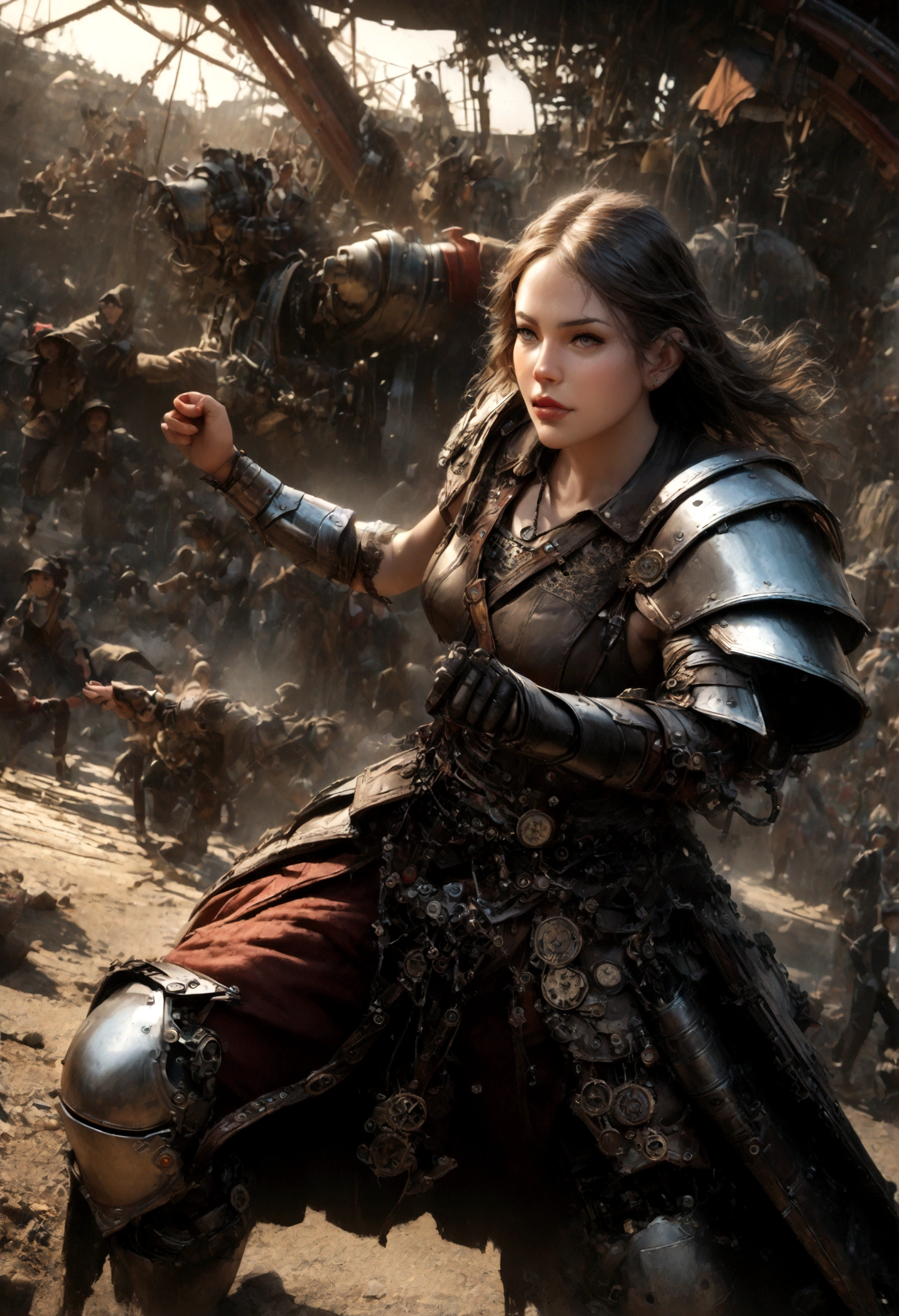 detailed portrait of a beautiful girl in a mechanical circus, steampunk style, white silver metallic armor, fighting pose, intricate clockwork gears, complex machinery, dramatic lighting, cinematic composition, vivid colors, highly detailed, (best quality,4k,8k,highres,masterpiece:1.2),ultra-detailed,(realistic,photorealistic,photo-realistic:1.37),steampunk,mechanical,clockwork,circus,armor,fight,dramatic,cinematic,vivid colors