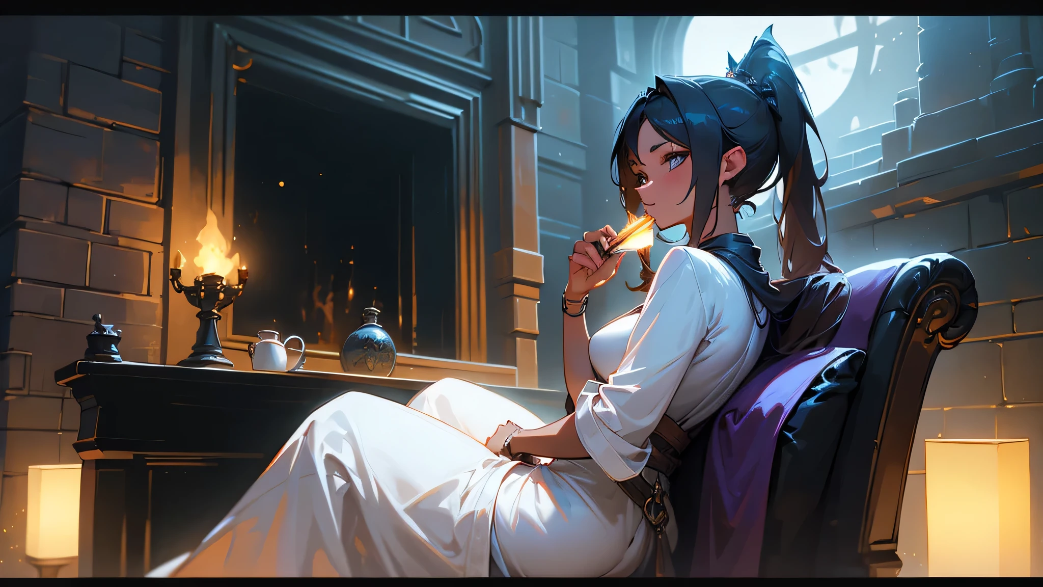 A woman sitting on a sofa in front of a fireplace drinking coffee、A woman wearing headphones and a white bathrobe、Dimly lit room、Warm light from the fireplace、Wooden Room、Brick fireplace、looking at the camera、Highest quality、Big Breasts、sexy、Moonlight、Unbuttoned、Downlight、full moon、Butt、Beautiful buttocks、Plump、Sideboob、Half naked、4K、8K