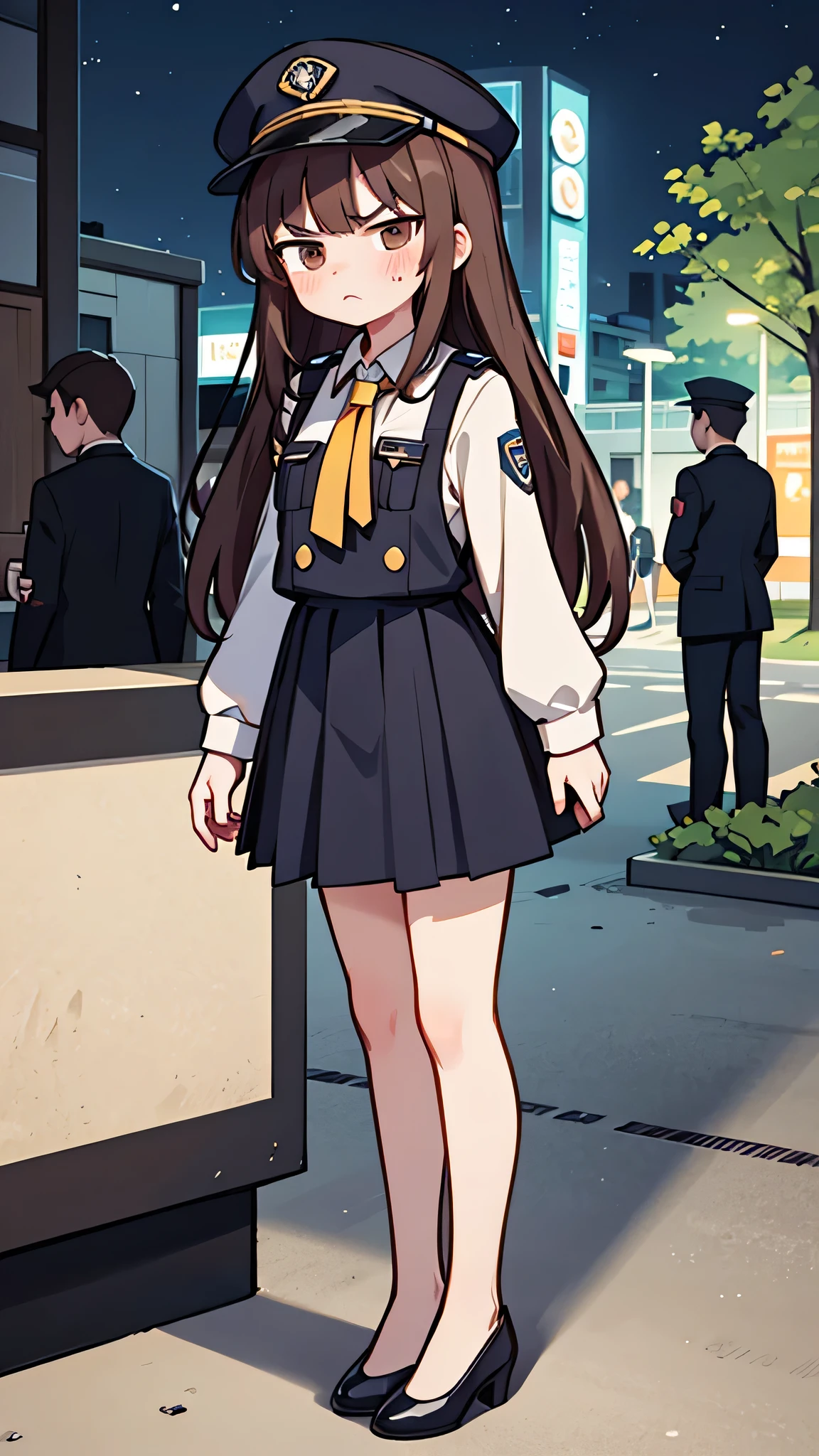 masterpiece, {highest quality], [Super beautiful], [Ultra fine], [Best illustration],Brown Hair, Hime cut, Long Hair, With bangs, girl, Uniform cap,Security uniform, Angry face, blush, Slender women, Straight Skirt, Standing posture, （Public）Night Park, diagonal, From diagonal, Bare feet and pumps, Plain black pumps