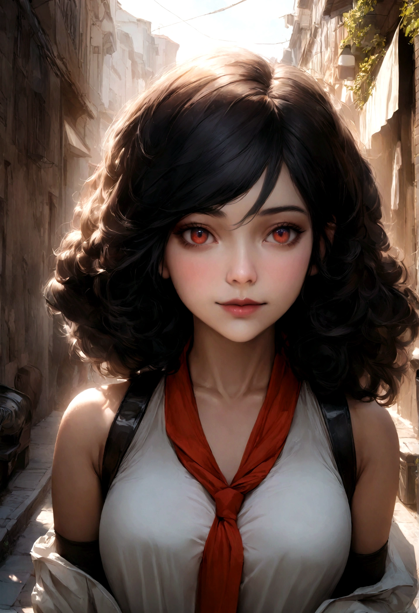 (une jeune fille)),((long curly black hair)),yeux bleus cristallins,sportive (((maquillage naturel,peau radiante,CORPS SEXY,peau douce,enchanteur))),((manteau rouge, clivage, white tank top, short court)),gros cul rond,arched back,pose sexy,((souriant joyeusement)),((texture de peau ultra réaliste)),((dans une rue))),profiter,Haut du corps,chef-d'artwork,realistic face,8k,yeux parfaits,Fujifilm XT3,Heure d'or,85mm,Best quality,high resolution