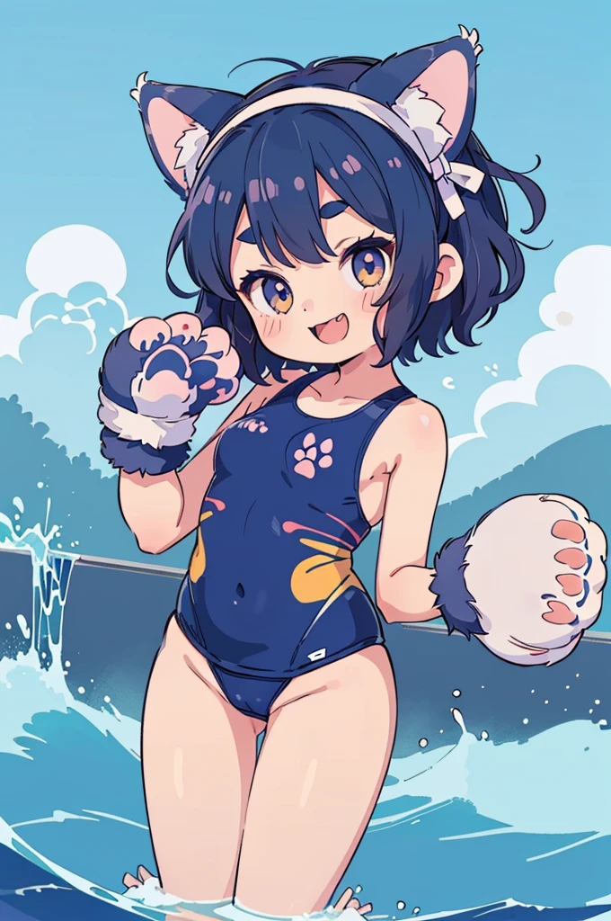 flat color,(one girl,japanese,She is posing for the camera,yo,((wear cute Paw Glove:1.5)),Cat ears headband,detailed face,BREAK (darkblue wavy-short hair),parallel eyebrows,eyes with large irises,smile,small breasts,dynamic angle,very happy, BREAK, (paw pattern swimsuit),fullbody,at poolside,