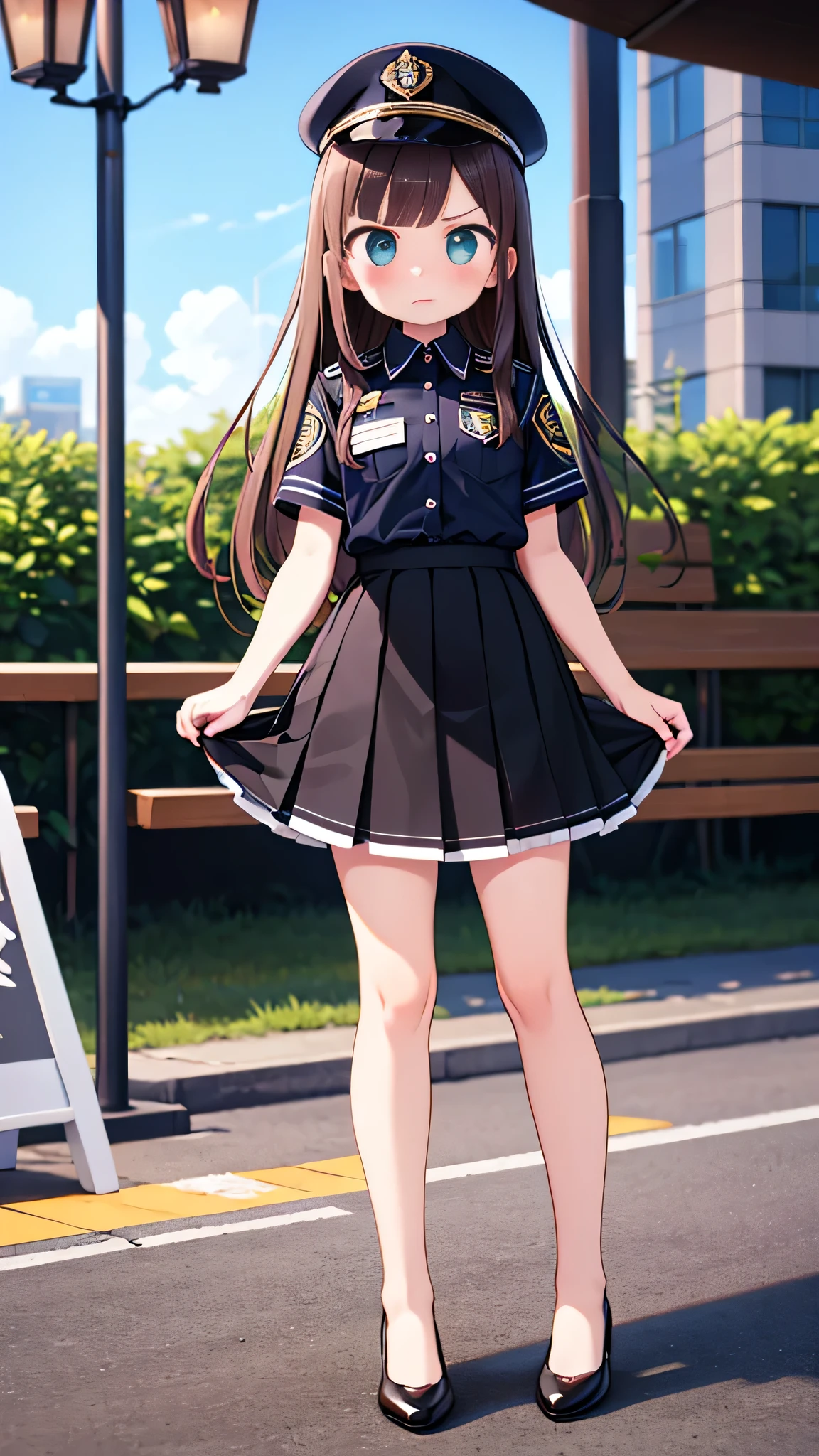 masterpiece, {highest quality], [Super beautiful], [Ultra fine], [Best illustration],Brown Hair, Hime cut, Long Hair, With bangs, girl, Uniform cap,Security uniform, Angry face, blush, Slender women, Straight Skirt, Standing posture, （Public）Night Park, diagonal, From diagonal, Bare feet and pumps, Plain black pumps