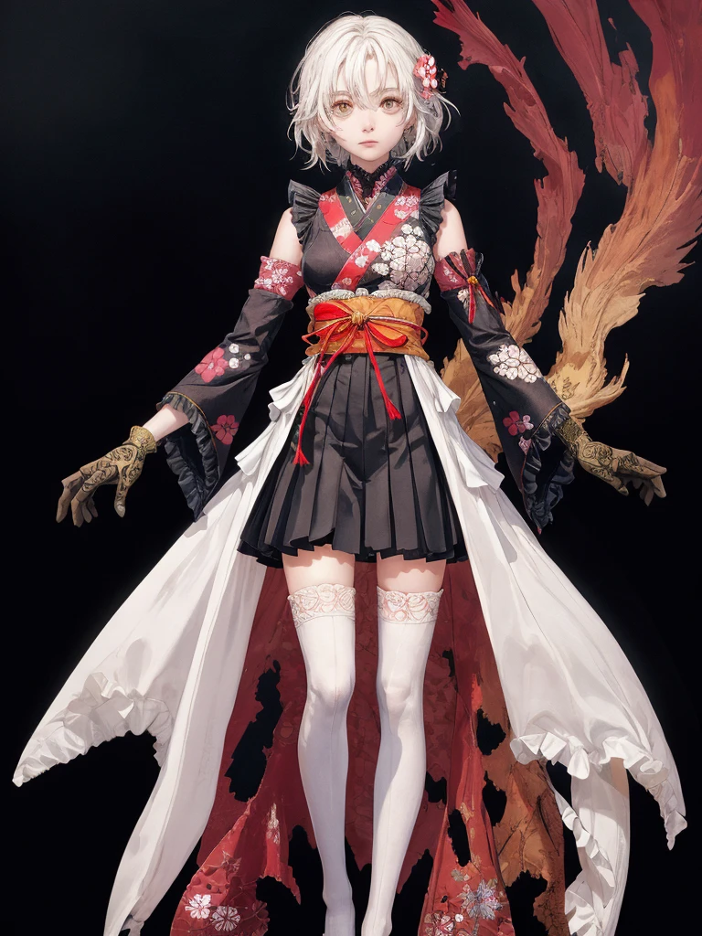 1girl、Standing in front of the viewer、vtuber-fullbody、(masterpiece, highest quality, Intricate details, Ultra-detailed, Very detailed), SF, future, cyber punk, One girl, alone, Cowboy Shot, Two-tone hair, Gloves, short hair, Frills, kimono, Hair Flowers, Long Wide Sleeve, kimono, White knee socks, zettai ryouiki, Space print, skirt, Removable sleeves, adjusting 、White simple background、