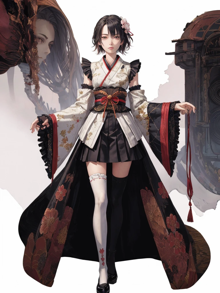 1girl、Standing in front of the viewer、vtuber-fullbody、(masterpiece, highest quality, Intricate details, Ultra-detailed, Very detailed), SF, future, cyber punk, One girl, alone, Cowboy Shot, Two-tone hair, Gloves, short hair, Frills, kimono, Hair Flowers, Long Wide Sleeve, kimono, White knee socks, zettai ryouiki, Space print, skirt, Removable sleeves, adjusting 、White simple background、