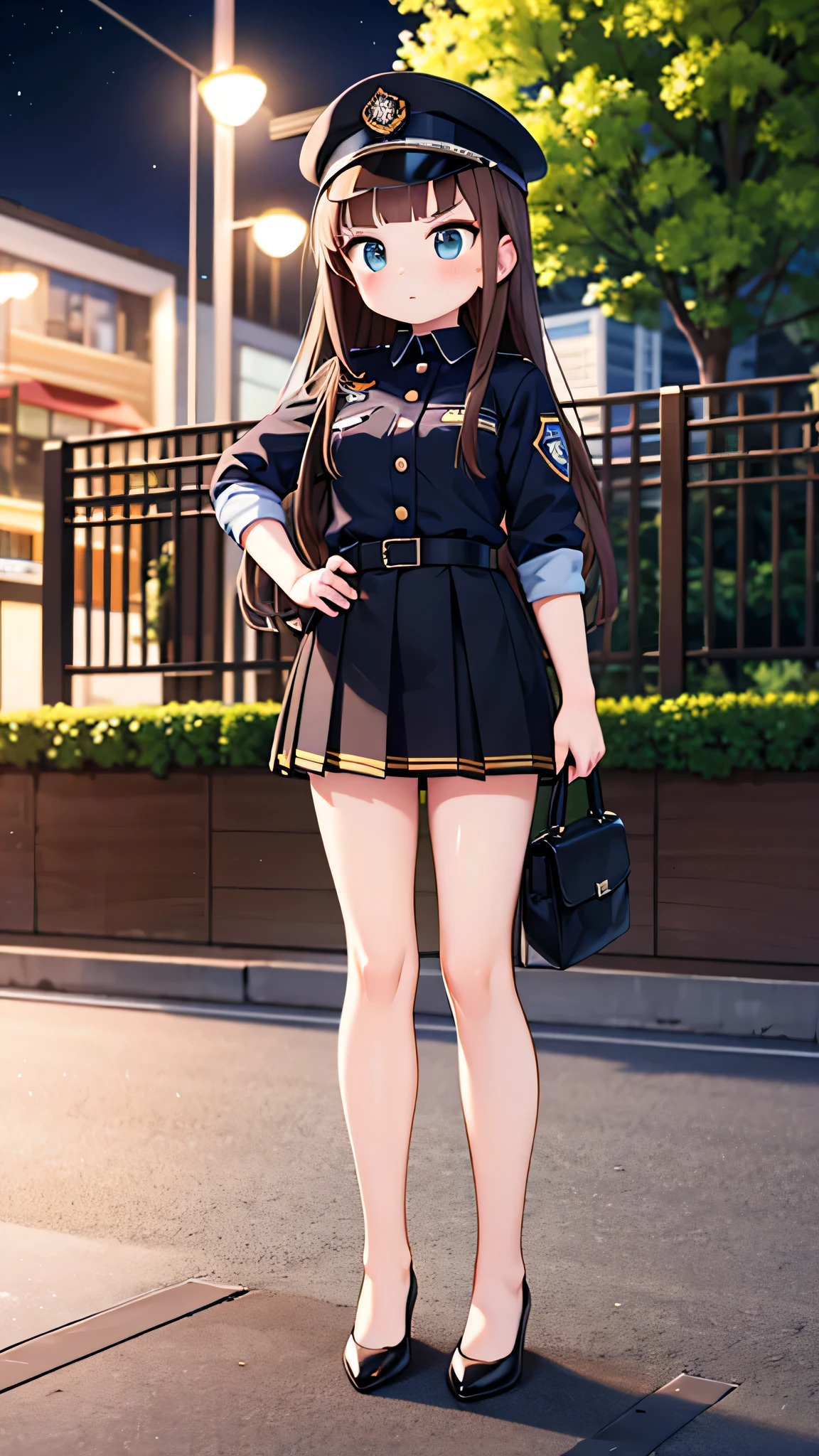 masterpiece, {highest quality], [Super beautiful], [Ultra fine], [Best illustration],Brown Hair, Hime cut, Long Hair, With bangs, girl, Uniform cap,Security uniform, Angry face, blush, Slender women, Straight Skirt, Standing posture, （Public）Night Park, diagonal, From diagonal, Bare feet and pumps, Plain black pumps