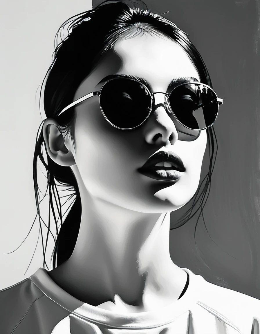 (Minimalism:1.5)，Portraits，(Black and white sketch painting)，Simple composition，1 girl,23 year old girl, wear sunglasses, There is light on the face, There is light in the eyes，uniform