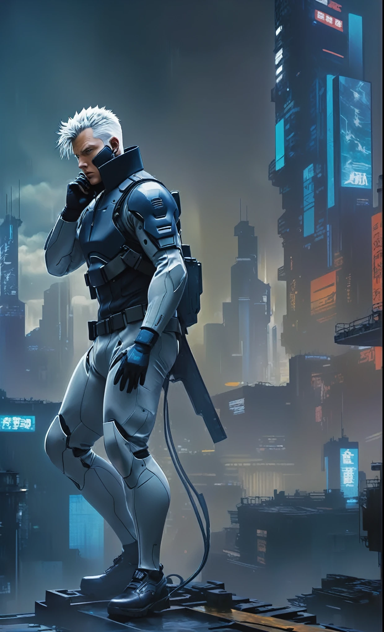 Ghost in the Shell Vol.2 - Batou, by Luis Duarte, Luis Duarte style, blue and black shading, Neo-Tokyo style, Element Air, Mythpunk, Graphic Interface, Sci-Fic Art, Dark Influence, NijiExpress 3D v3, Kinetic Art, Datanoshing, Oilpainting, Ink v3, Splash style, Abstract Art, Abstract Tech, Cyber Tech Elements, Futuristic, Illustrated v3, Deco Influence, AirBrush style, drawing
