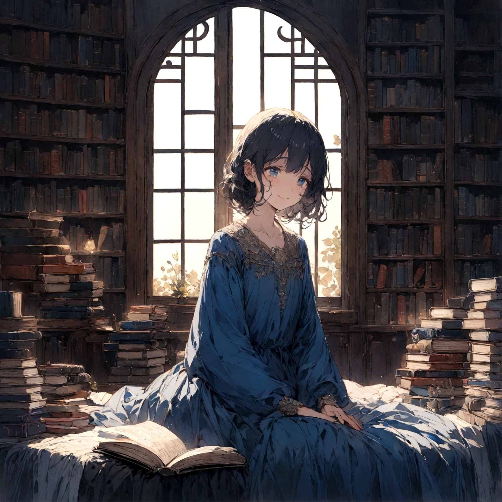 a sad female wearing a blue dress, silently crying on her bed though accepting it, in front of a moonlit window surrounded by books, has a smile on her face