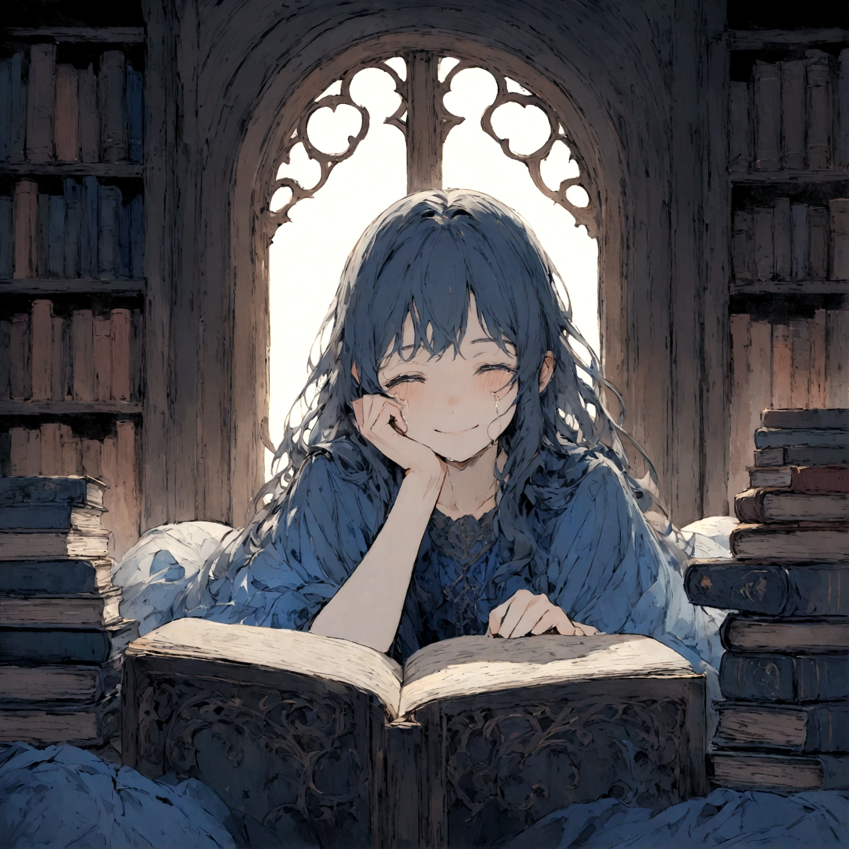 a sad female wearing a blue dress, silently crying on her bed though accepting it, in front of a moonlit window surrounded by books, has a smile on her face
