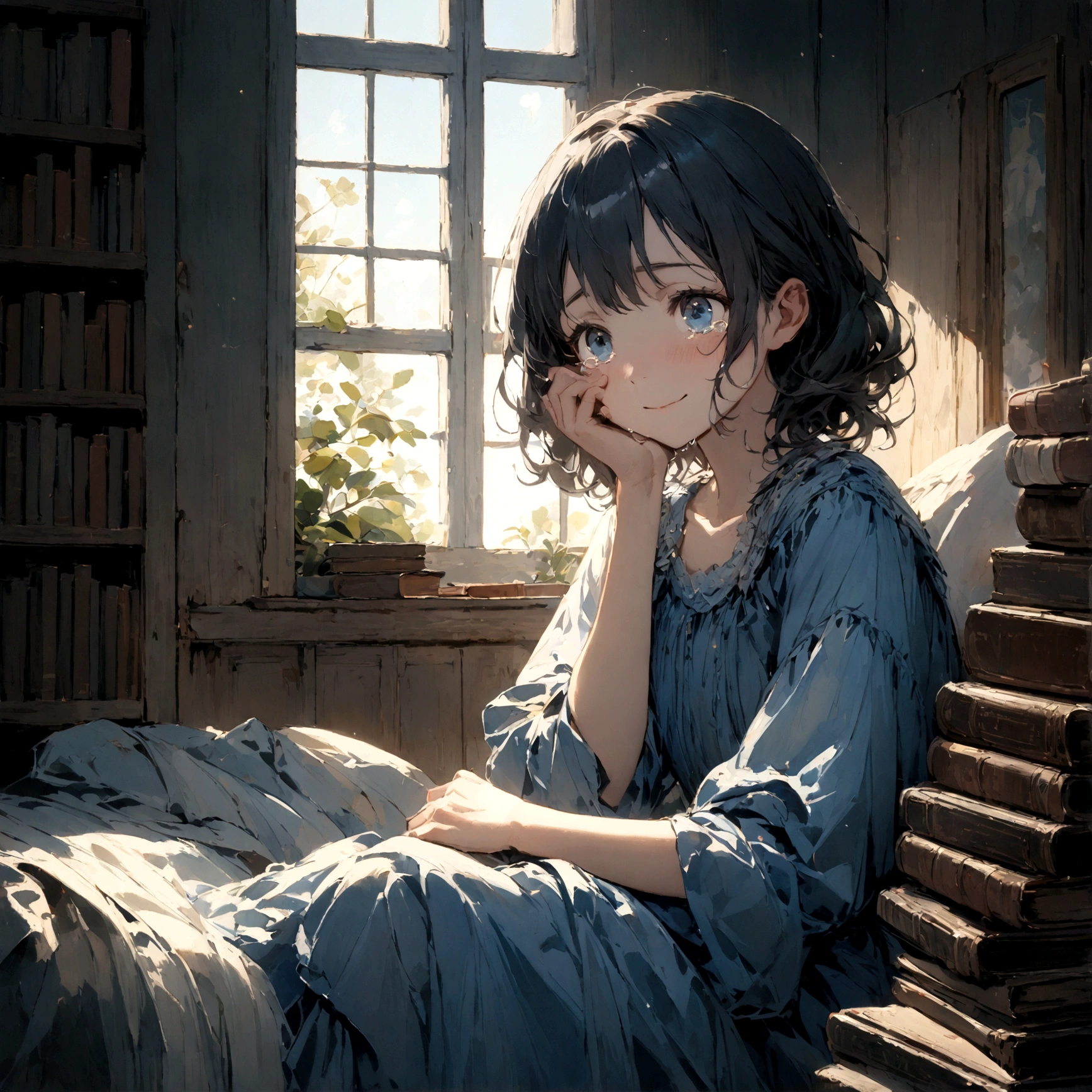 a sad female wearing a blue dress, silently crying on her bed though accepting it, in front of a moonlit window surrounded by books, has a smile on her face