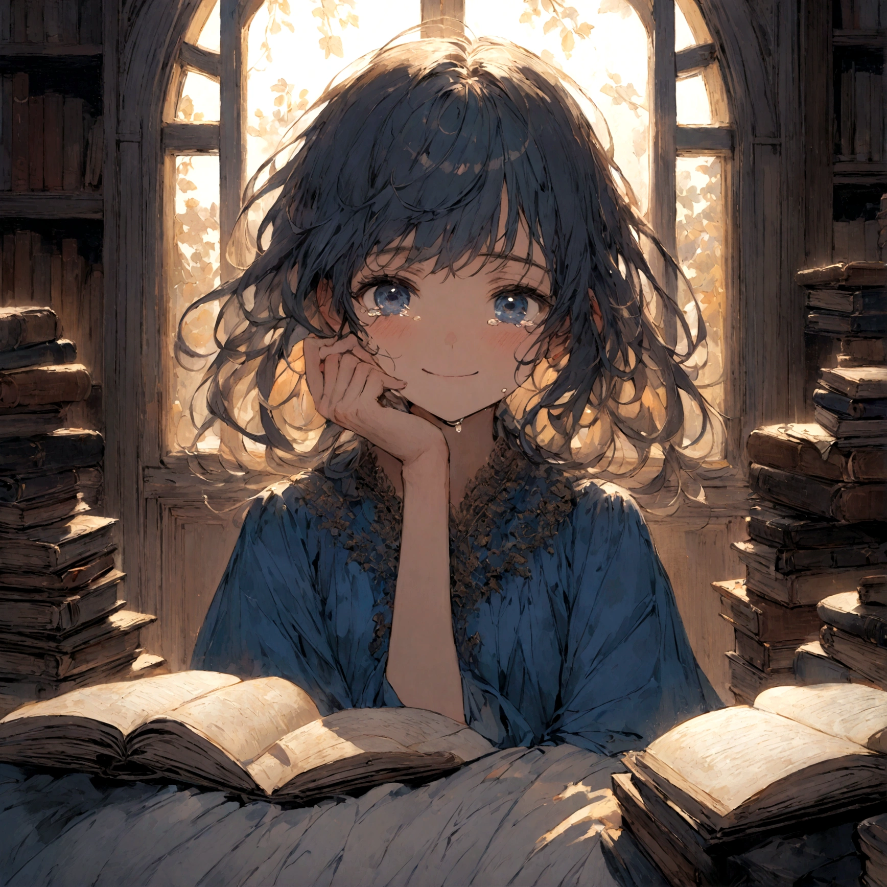 a sad female wearing a blue dress, silently crying on her bed though accepting it, in front of a moonlit window surrounded by books, has a smile on her face