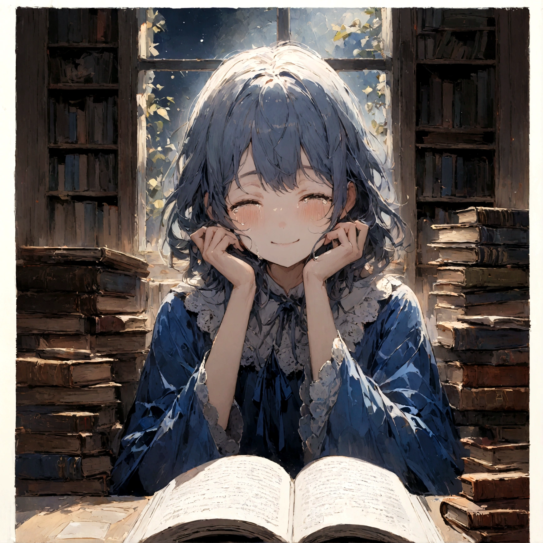 a sad female wearing a blue dress, silently crying on her bed though accepting it, in front of a moonlit window surrounded by books, has a smile on her face