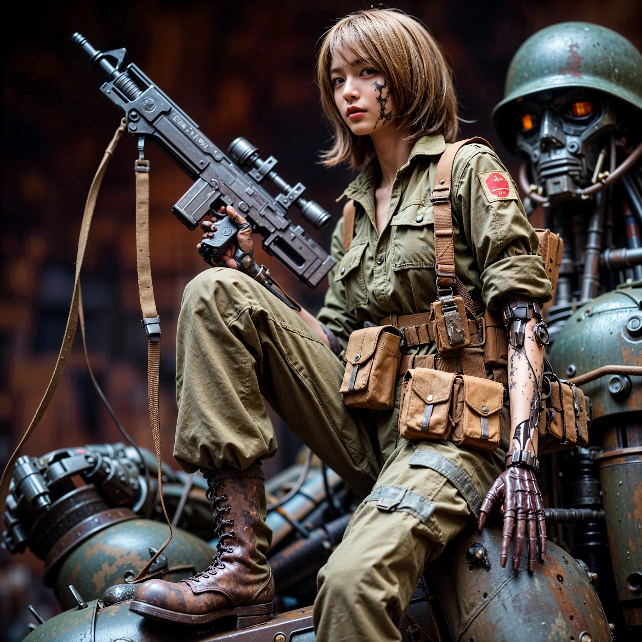 ((super intricate all details)),((super realistic all textures)),Overall photo of a female soldier sitting on a piece of fictional WWII Japanese military type weapon, beautiful face, dirty clothes, very intricate details, olive drab paint, peeling paint, weathering, rust, taken with Fuji film X-T30+Nokton. HDR10